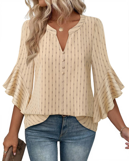 Bebonnie Womens Tops Dressy Casual Ruffle 3/4 Sleeve Henley V Neck Chiffon Blouses with Buttons