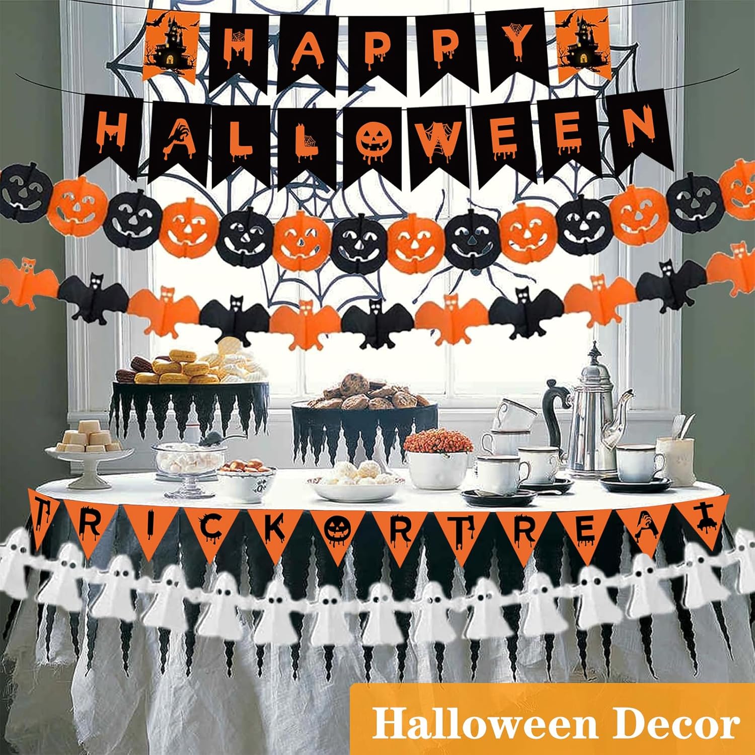 Halloween Decorations Indoor Party Decor, HAPPY HALLOWEEN Accessories with TRICK OR TREAT Banner, 3 PCS Large Garland Bat Ghost Pumpkin, Hanging Party Supplies Backdrop for Home Office Classroom