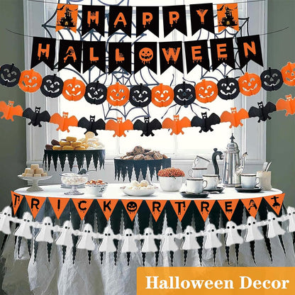 Halloween Decorations Indoor Party Decor, HAPPY HALLOWEEN Accessories with TRICK OR TREAT Banner, 3 PCS Large Garland Bat Ghost Pumpkin, Hanging Party Supplies Backdrop for Home Office Classroom