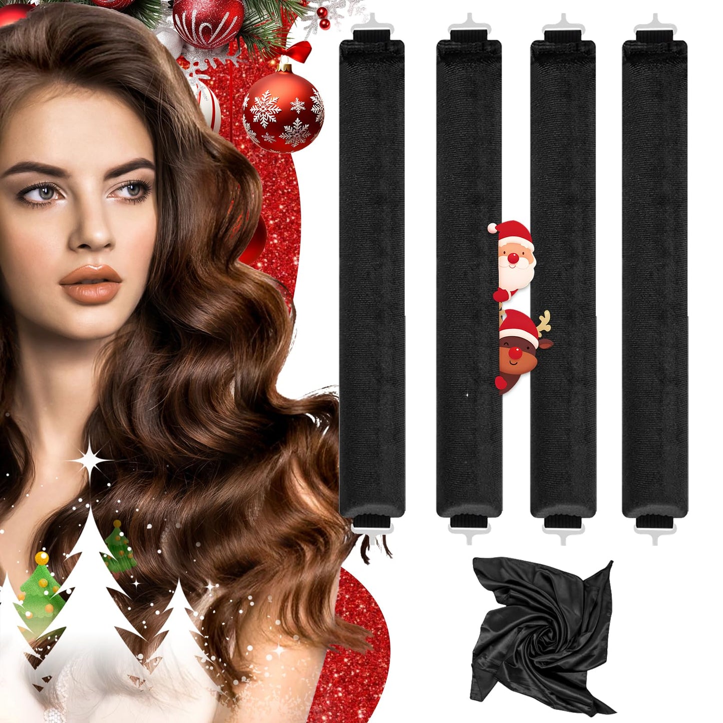 Heatless Curlers, Heatless Curls Overnight Set for Women, Soft Hair Curlers to Sleep In, Jumbo No Heat Hair Curlers Set with Headscarf and Hook for Long Hair (DarkBrown, 4 Packs)