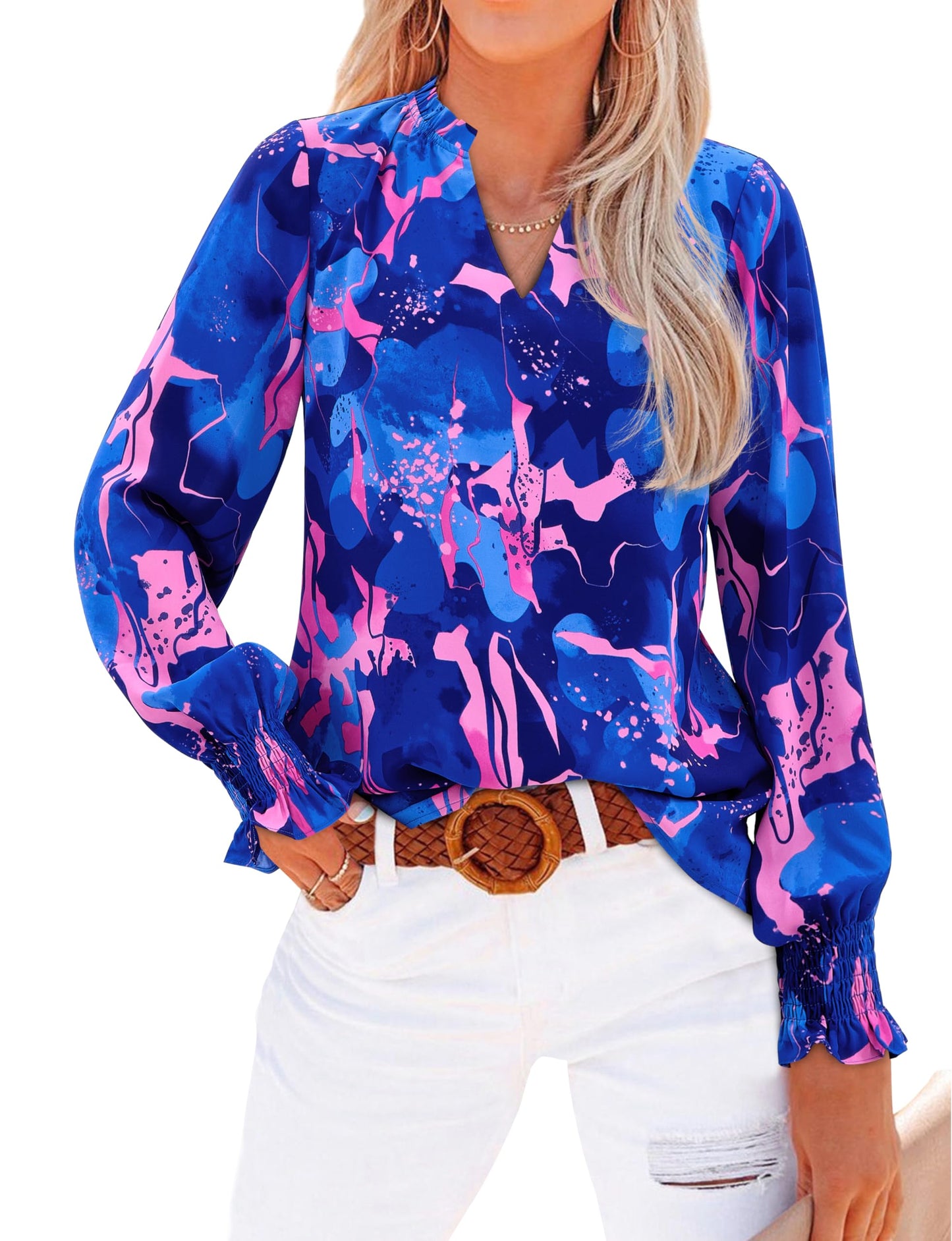 MASCOMODA Womens V Neck Floral Long Sleeve Tops 2025 Summer Casual Loose Puff Sleeve Chiffon Boho Work Blouse Dressy T Shirts