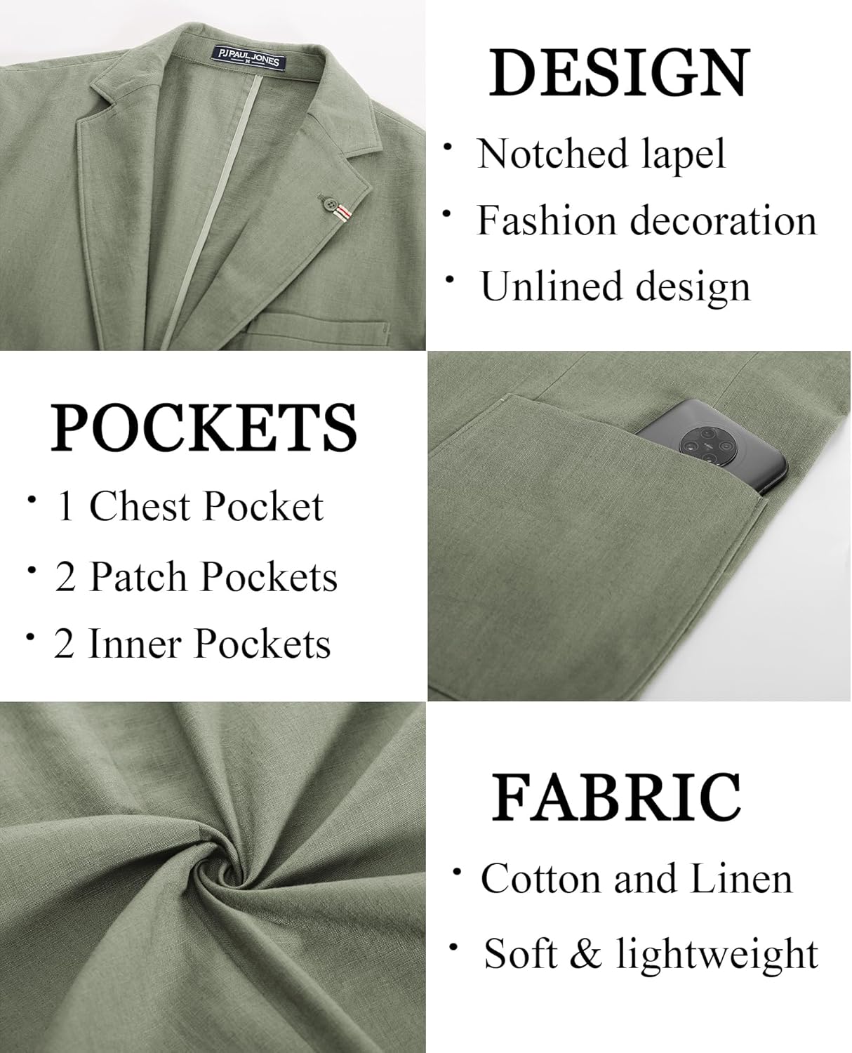 PJ PAUL JONES Mens Blazer Casual Cotton-Linen Sport Coat Lightweight 2 Button Unlined Suit Jackets