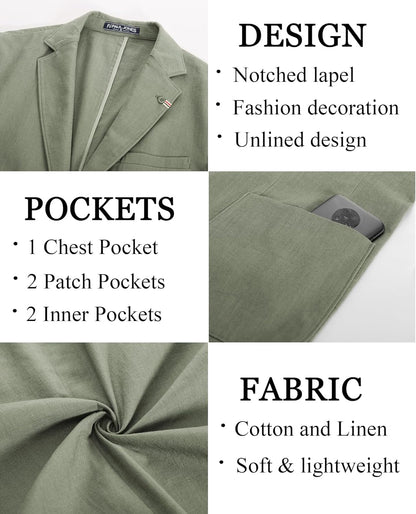 PJ PAUL JONES Mens Blazer Casual Cotton-Linen Sport Coat Lightweight 2 Button Unlined Suit Jackets