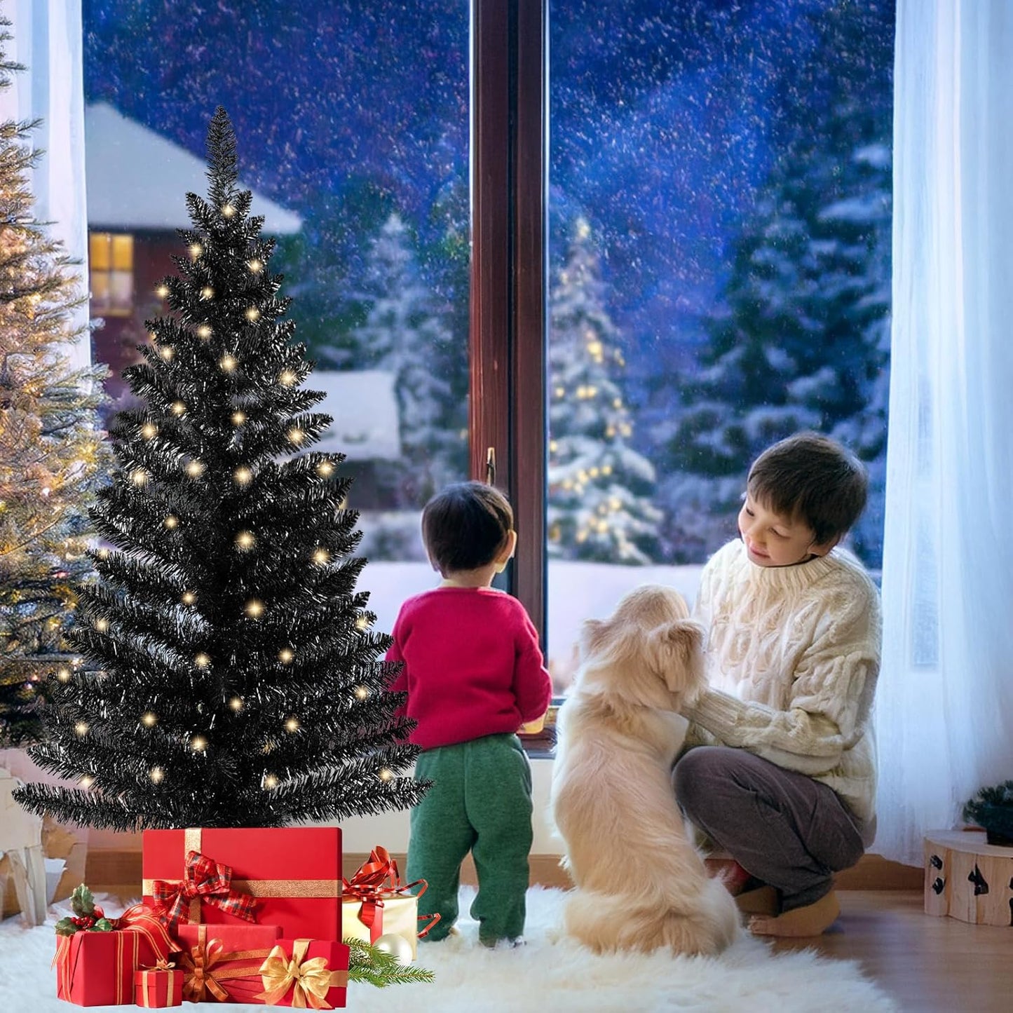 4ft Lighted Artificial Black Christmas Tree, Not Pre-lit Black Tinsel Pine Trees with Lights, Ideal for Ideal for Home, Office, and Xmas Party Décor - Includes Stand