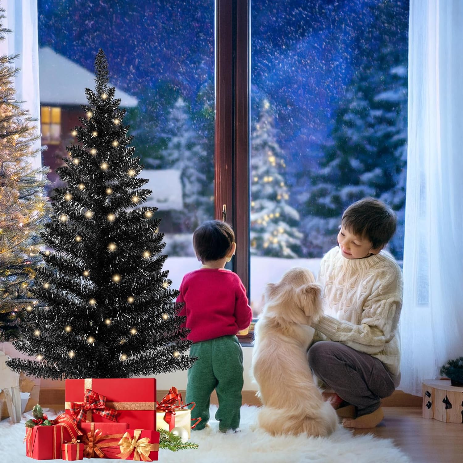 4ft Lighted Artificial Black Christmas Tree, Not Pre-lit Black Tinsel Pine Trees with Lights, Ideal for Ideal for Home, Office, and Xmas Party Décor - Includes Stand