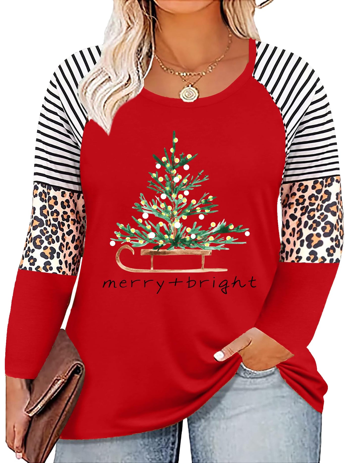 Plus Size Christmas T Shirt Women Xmas Leopard Plaid Trees Print Tees Casual Long Sleeve Holiday Shirts Top