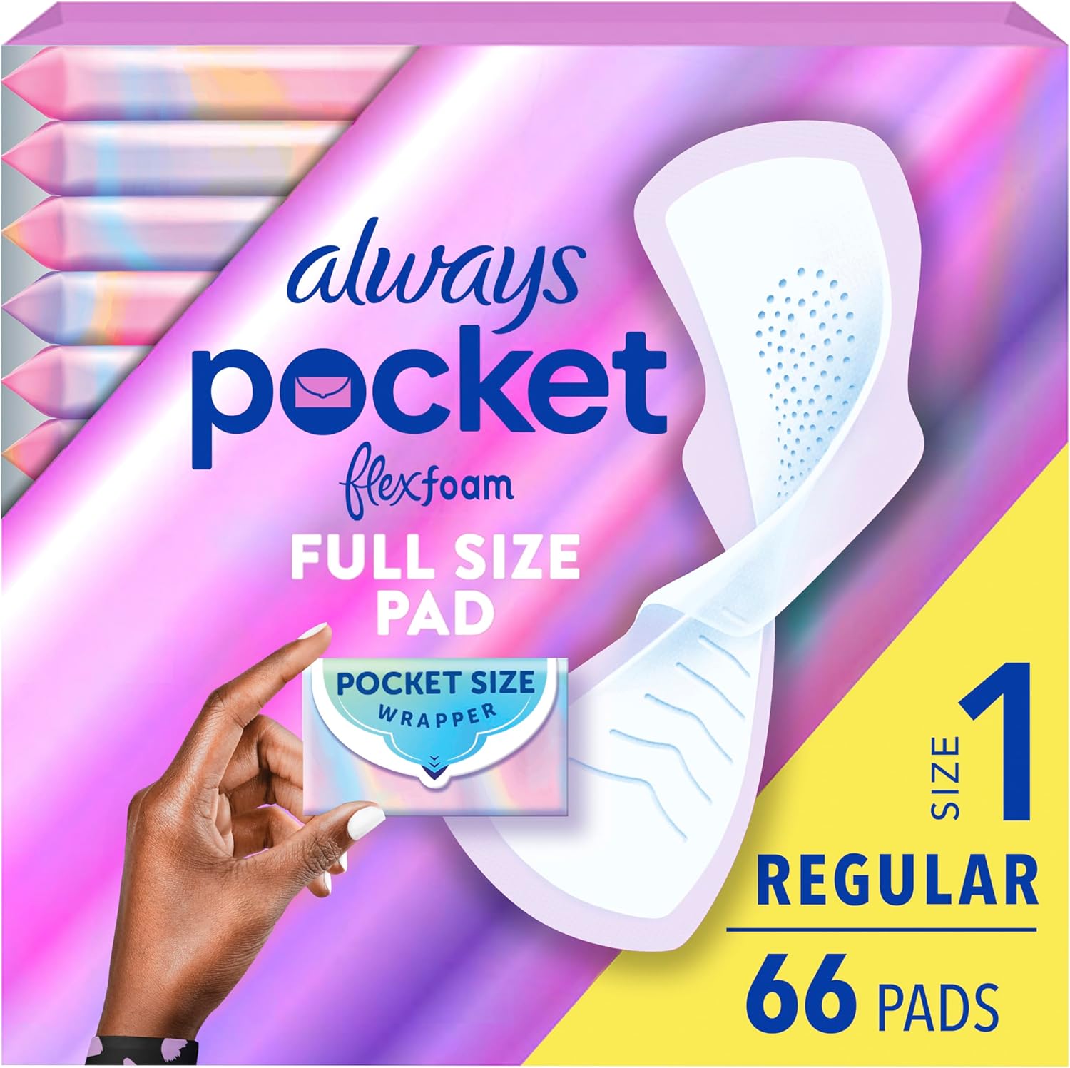 Always Pocket Feminine Pads for Women with FlexFoam, Size 1, Regular, with Wings, Unscented, 66 Count