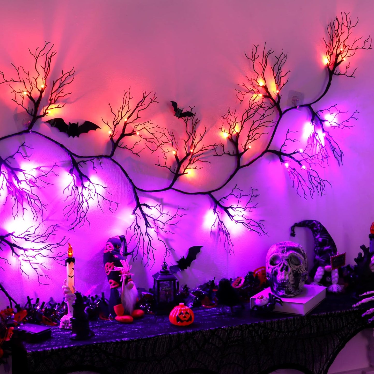 9 FT 66 LED Halloween Black Garland Willow Vine Twig Decor with Orange & Purple Light, 8 Modes & Timer Battery Operated Waterproof Halloween Decorations Indoor for Mantle Fireplace Home Party Decor