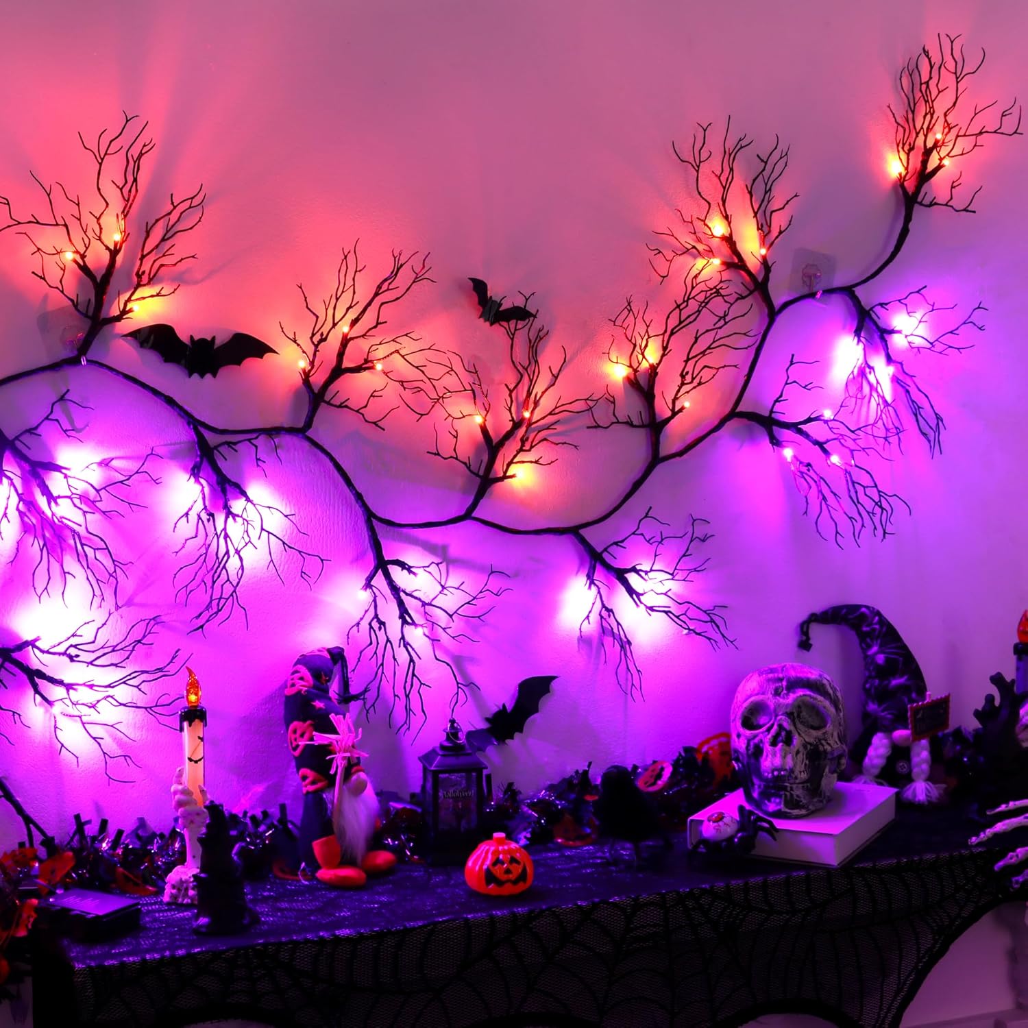 9 FT 66 LED Halloween Black Garland Willow Vine Twig Decor with Orange & Purple Light, 8 Modes & Timer Battery Operated Waterproof Halloween Decorations Indoor for Mantle Fireplace Home Party Decor