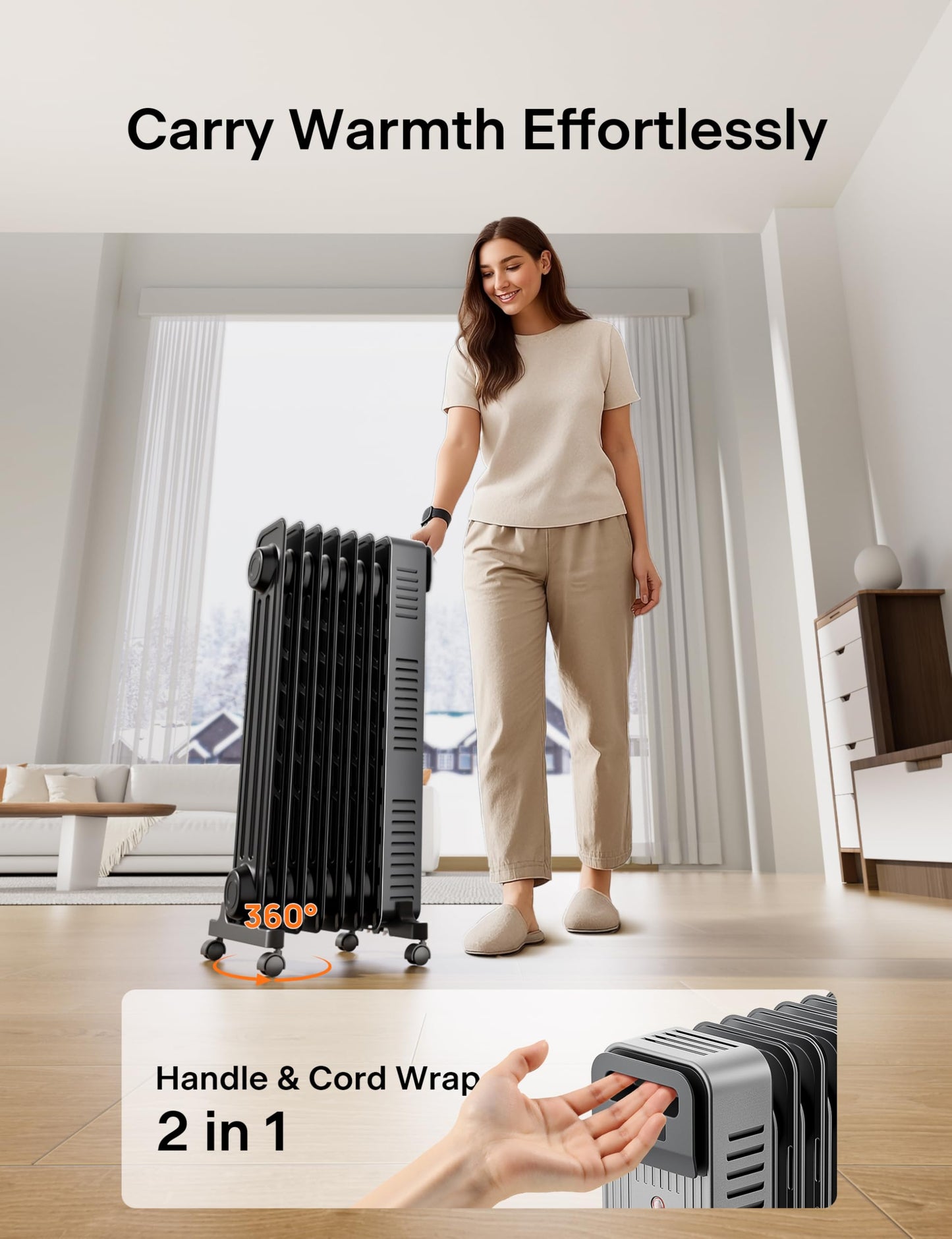Pelonis Oil Filled Radiator Heater for Large Space, 2025 Upgraded, Space Heaters with 1500W Quiet Warmth Radiant Heater, 3 Heating Modes, Overheat & Tip-Over Protection, Adjustable Thermostat, Black