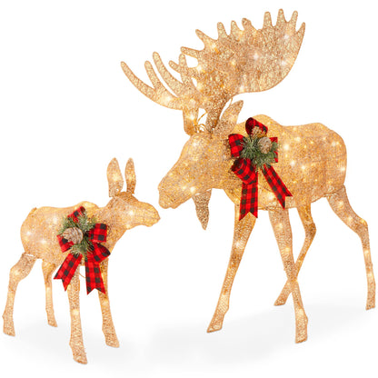 Best Choice Products 5ft 2-Piece Moose Family, Lighted Outdoor Christmas Yard Decoration, Light-Up Décor Set w/ 370 LED Lights, Zip Ties - Gold