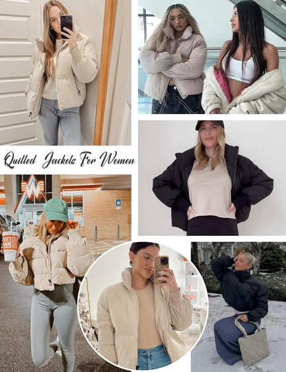 Flygo Winter Cropped Puffer Jacket Coats for Women 2025 Short Warm Quilted Jackets Outerwear with Pockets