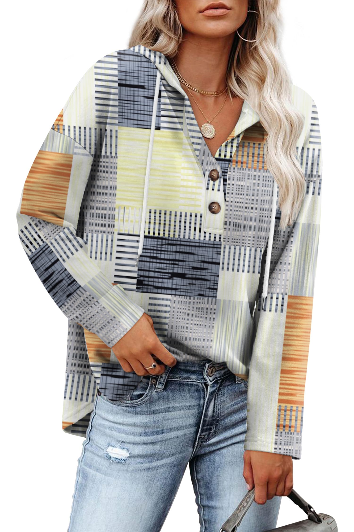RUMIA Womens Tops V Neck Button Sweatshirt for Women Pullover Long SLeeve Shirts Fall Outfits 2025 Loose Fit S-3XL
