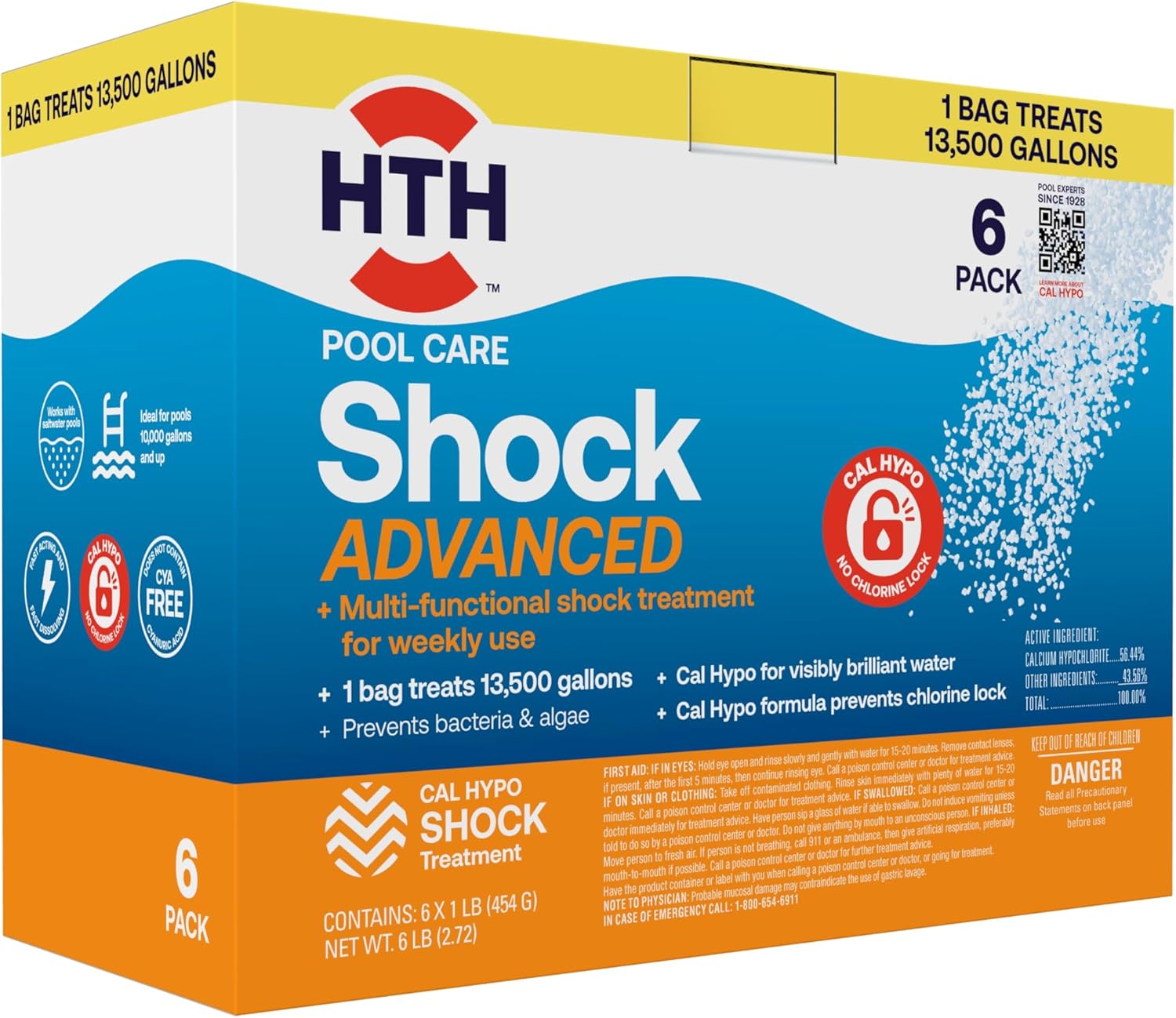 HTH 52036R Pool Care Shock Advanced, Swimming Pool Chemical - Cal Hypo Formula, Prevents Bacteria & Algae, Restores Crystal Clear Water - Shock Treatment, (6 Pack)