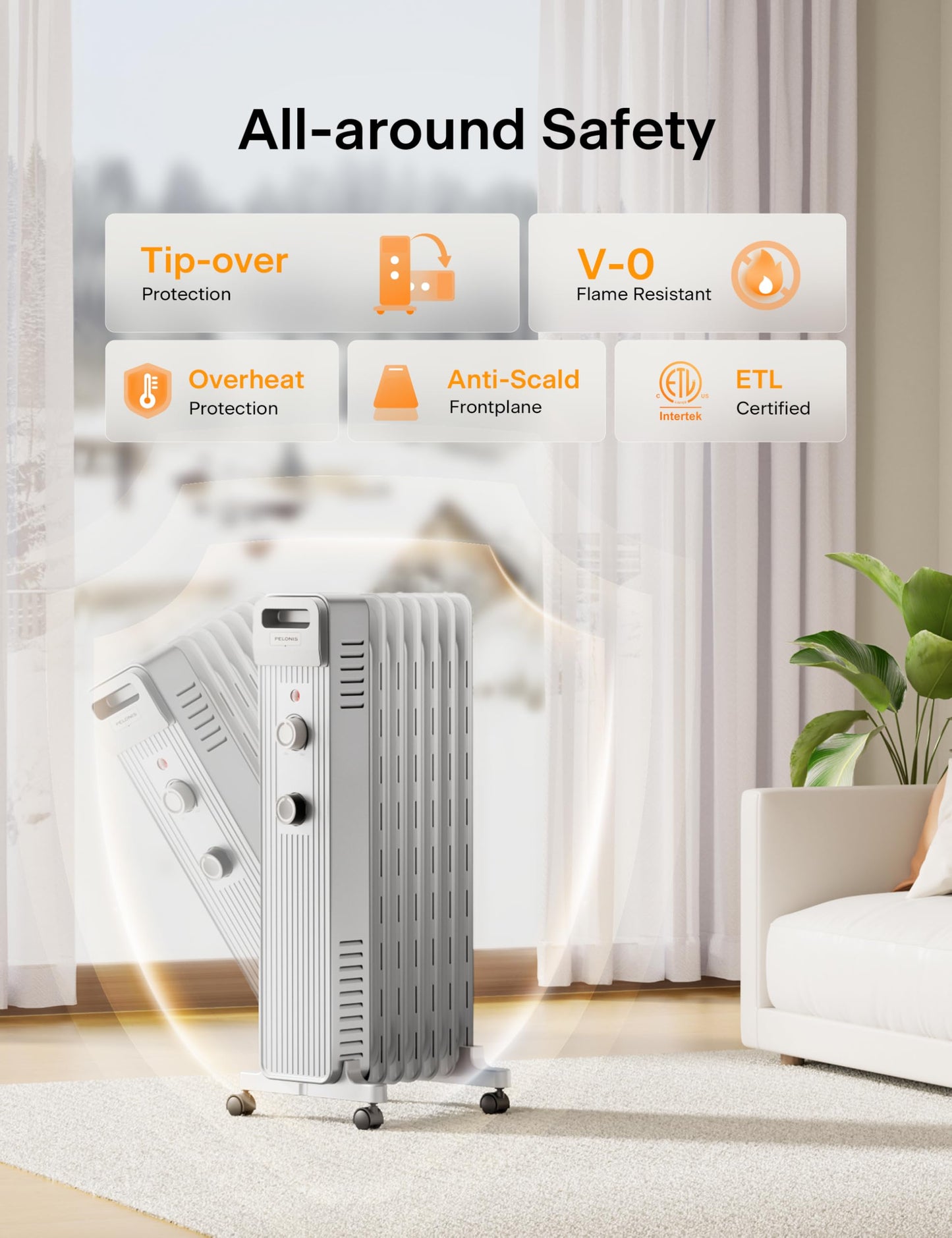 Pelonis Oil Filled Radiator Heater for Large Space, 2025 Upgraded, Space Heaters with 1500W Quiet Warmth Radiant Heater, 3 Heating Modes, Overheat & Tip-Over Protection, Adjustable Thermostat, Black