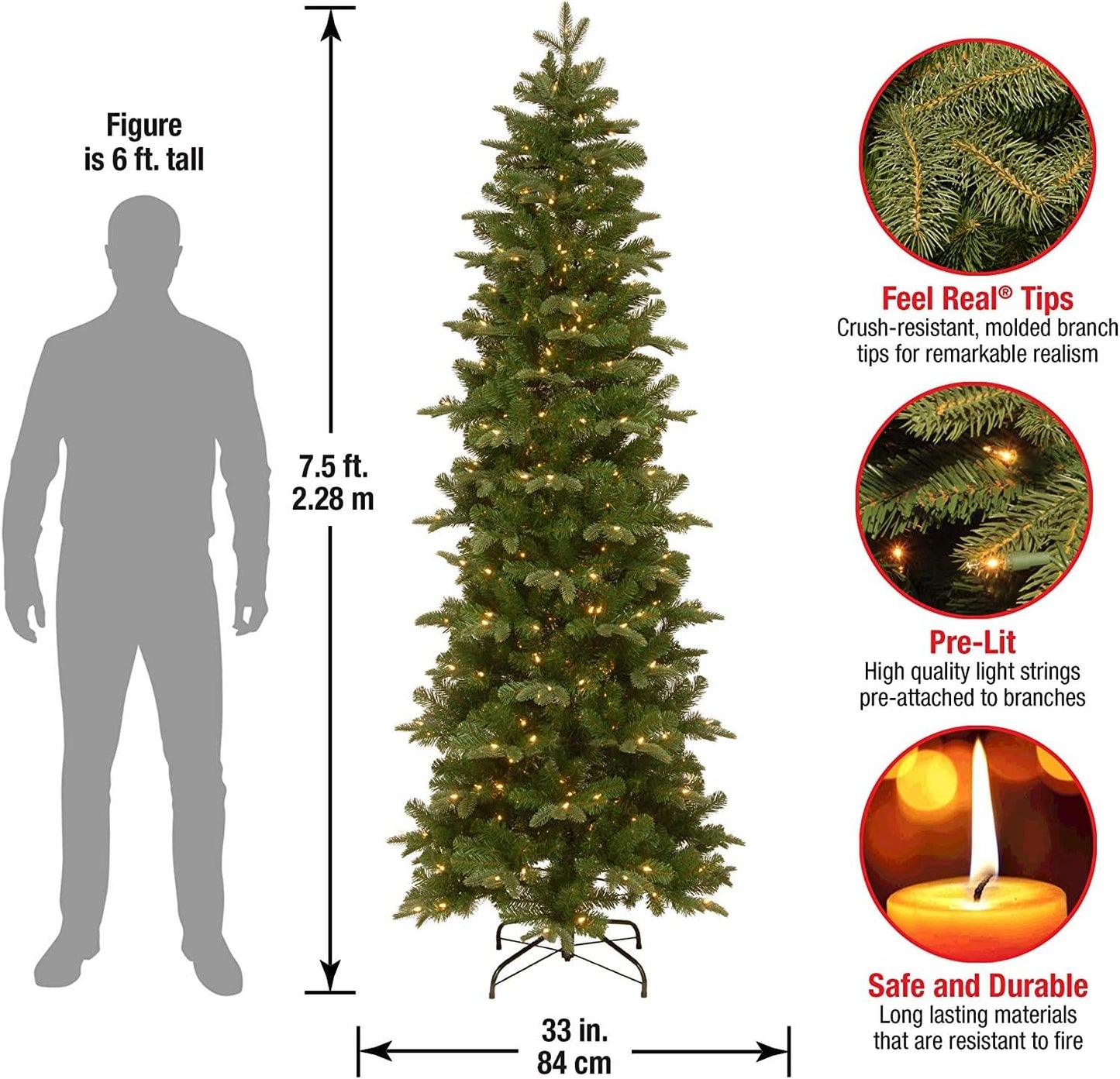 National Tree Company Pre-lit Artificial Christmas Tree | Includes Pre-strung White Lights and Stand | Prescott Pencil Slim - 7.5 ft