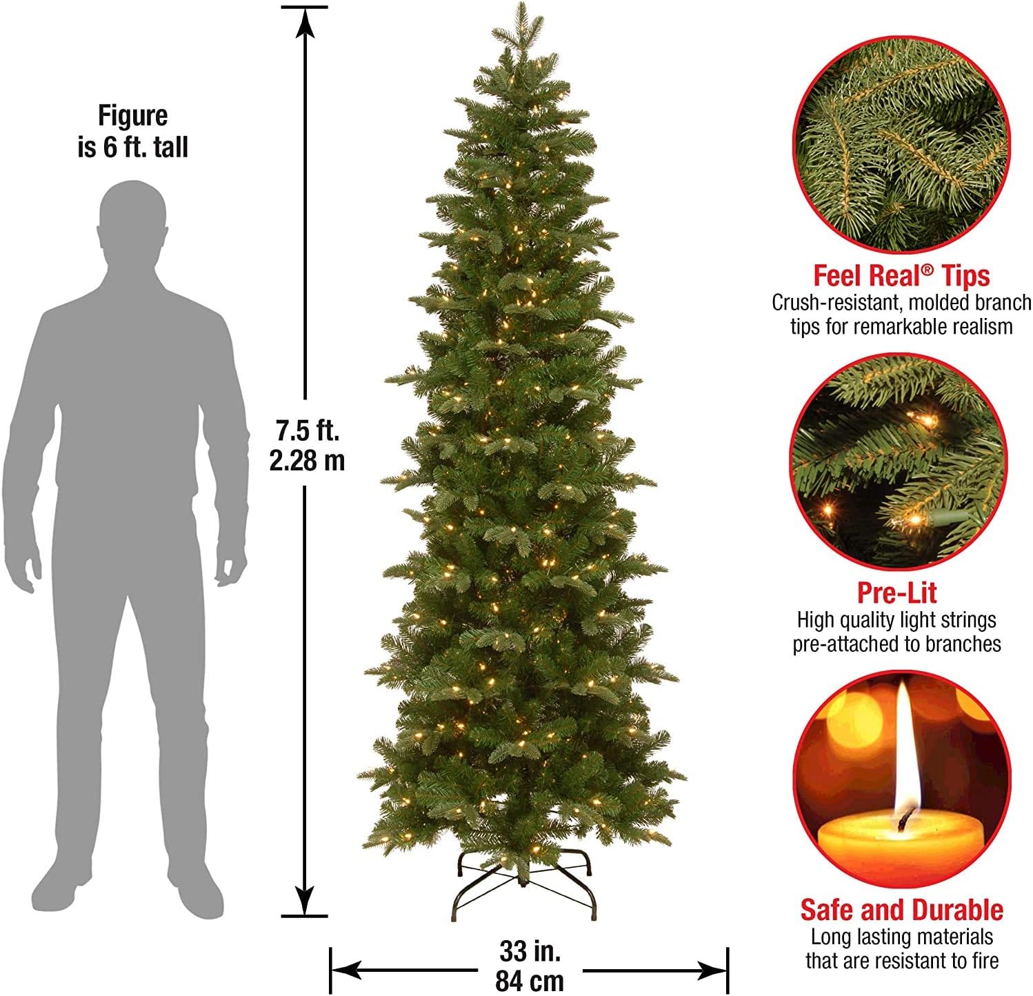National Tree Company Pre-lit Artificial Christmas Tree | Includes Pre-strung White Lights and Stand | Prescott Pencil Slim - 7.5 ft