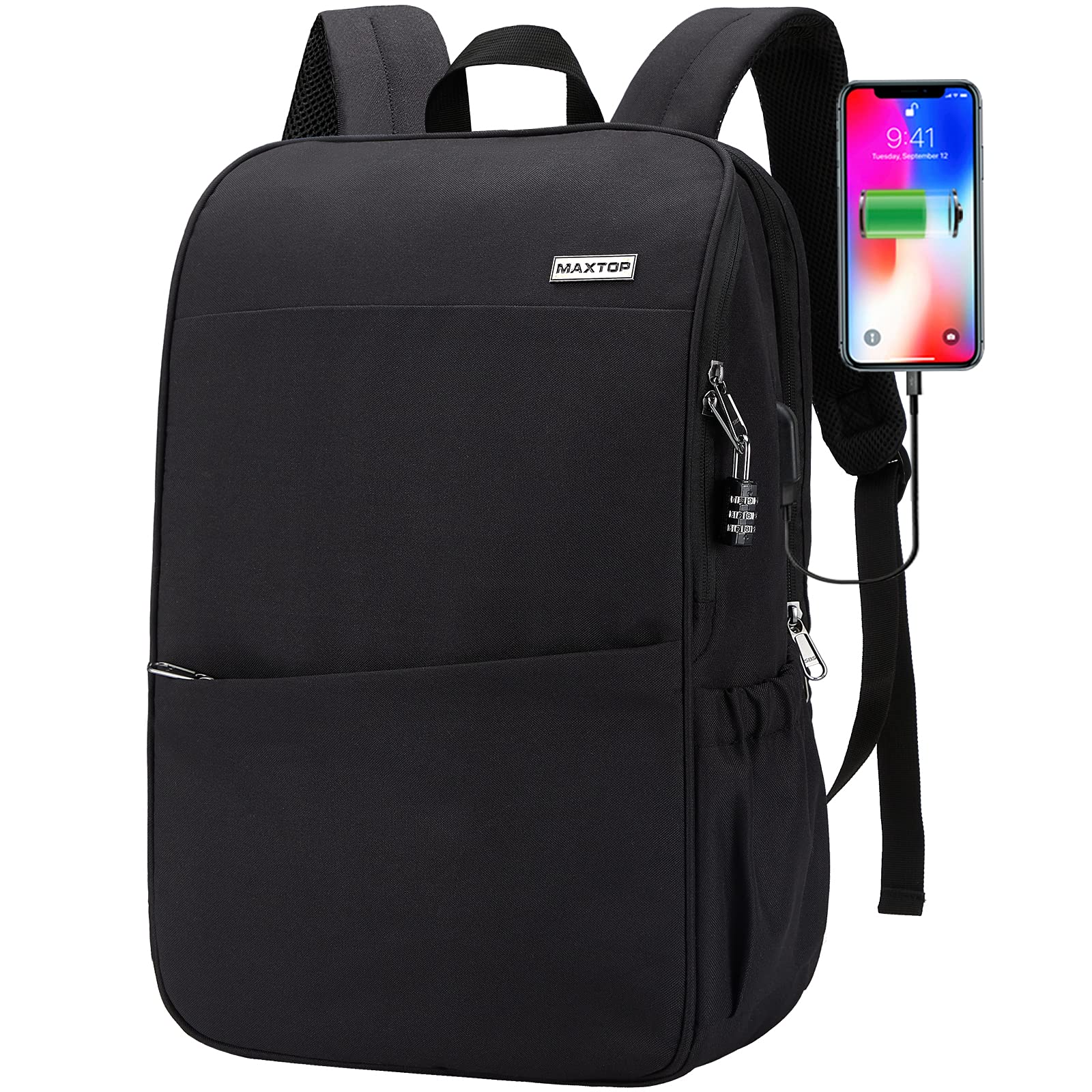 MAXTOP Deep Storage Laptop Backpack with USB Charging Port[Water Resistant] College Computer Bookbag Fits 15 Inch Laptop Black
