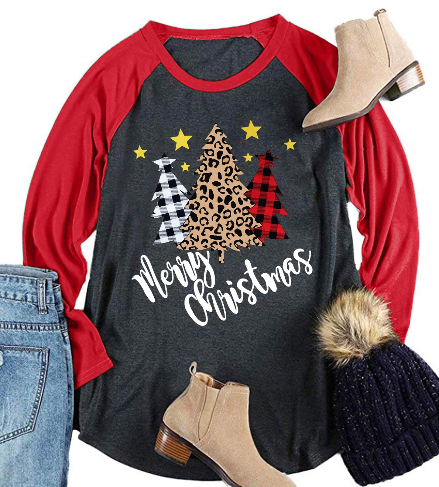 Plus Size Christmas T Shirt Women Xmas Leopard Plaid Trees Print Tees Casual Long Sleeve Holiday Shirts Top