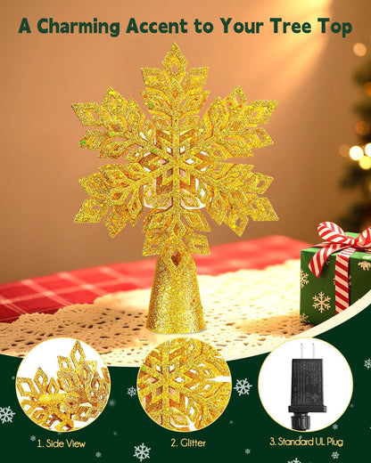 Brightown Christmas Tree Topper with Built-in 3D Glitter Led Snowflake Projector Lights, Gold Hexagonal Snowflake Tree Toppers Christmas Decorations Indoor for Xmas New Year Party Holiday