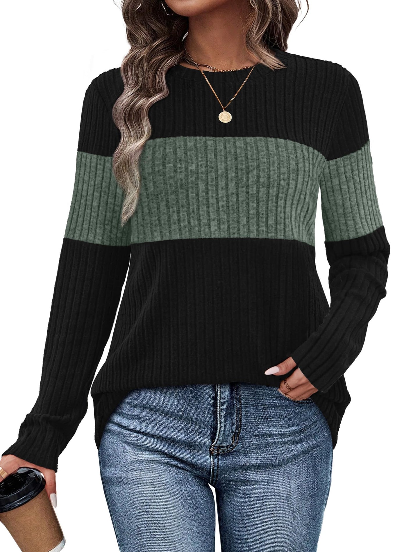WIHOLL Womens Sweaters Trendy Color Block Tops Long Sleeve Shirts Fall Outfits Early Fall Fashion 2025 Winter Clothing