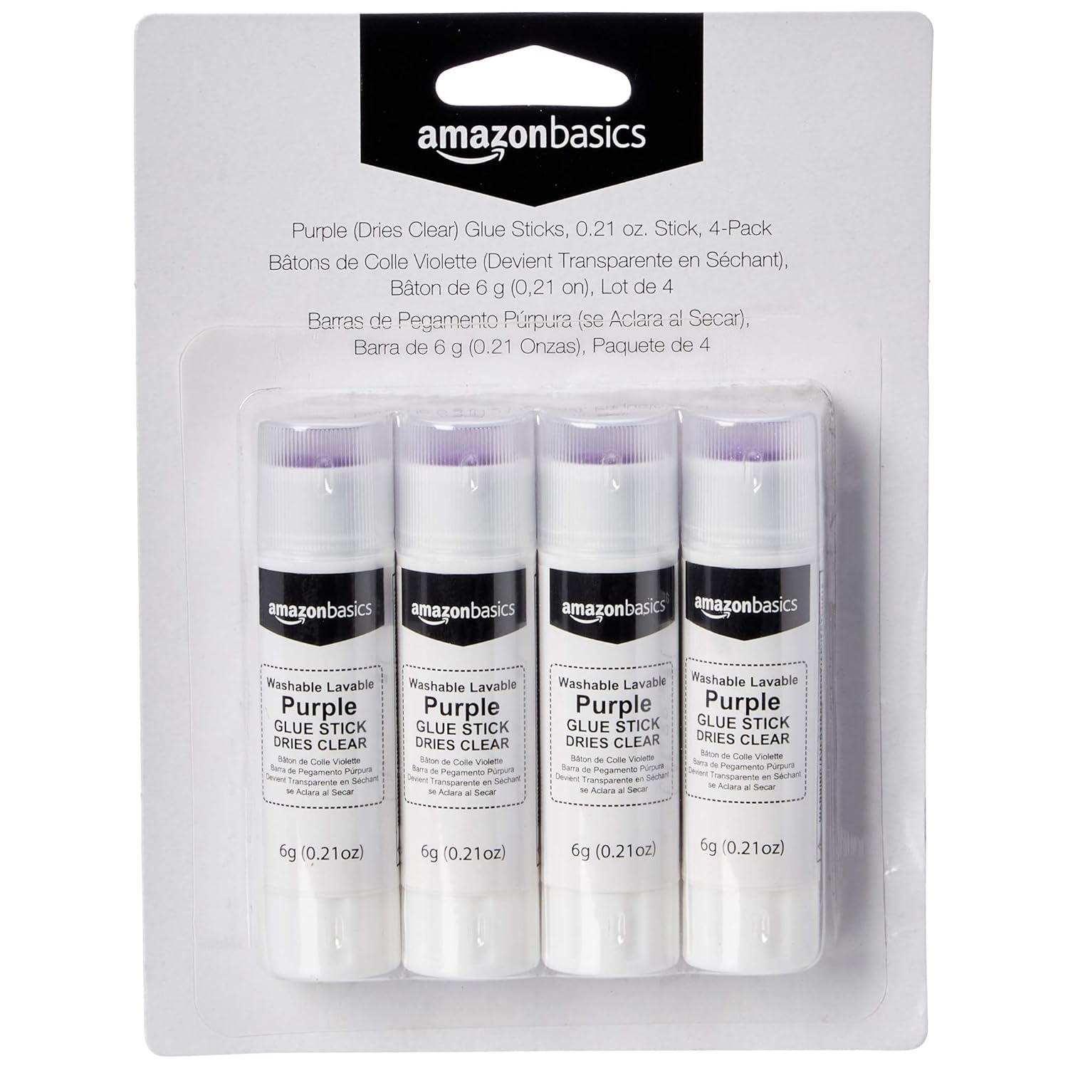 Amazon Basics Purple Washable School Glue Sticks, Dries Clear, 0.21 oz Stick, 4-Pack
