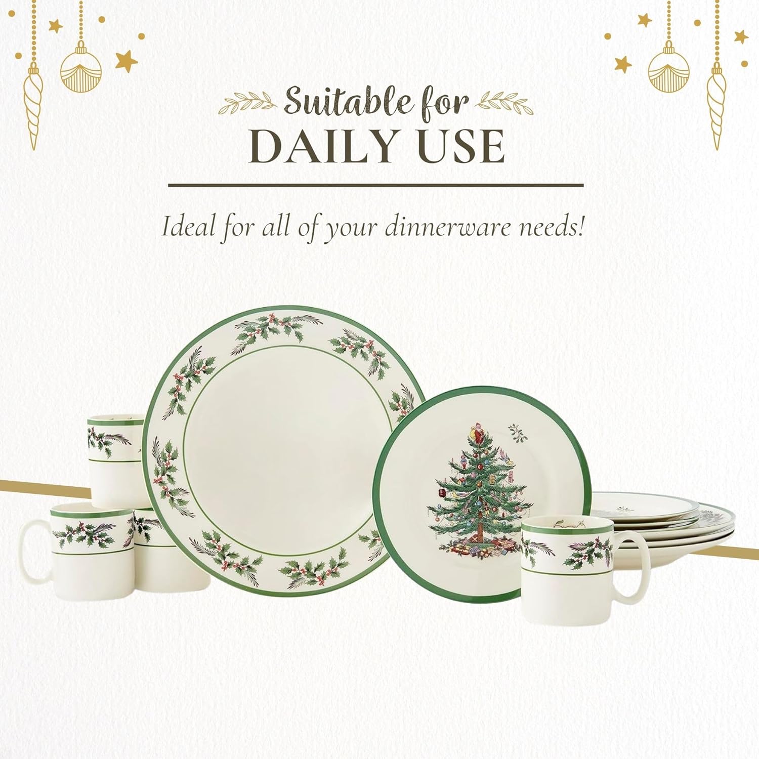 Spode Christmas Tree 12-Piece Dinnerware Set (Service for 4) - Festive Holiday Tableware with Plates & Mugs - Fine Earthenware Christmas Dinnerware - Microwave & Dishwasher Safe