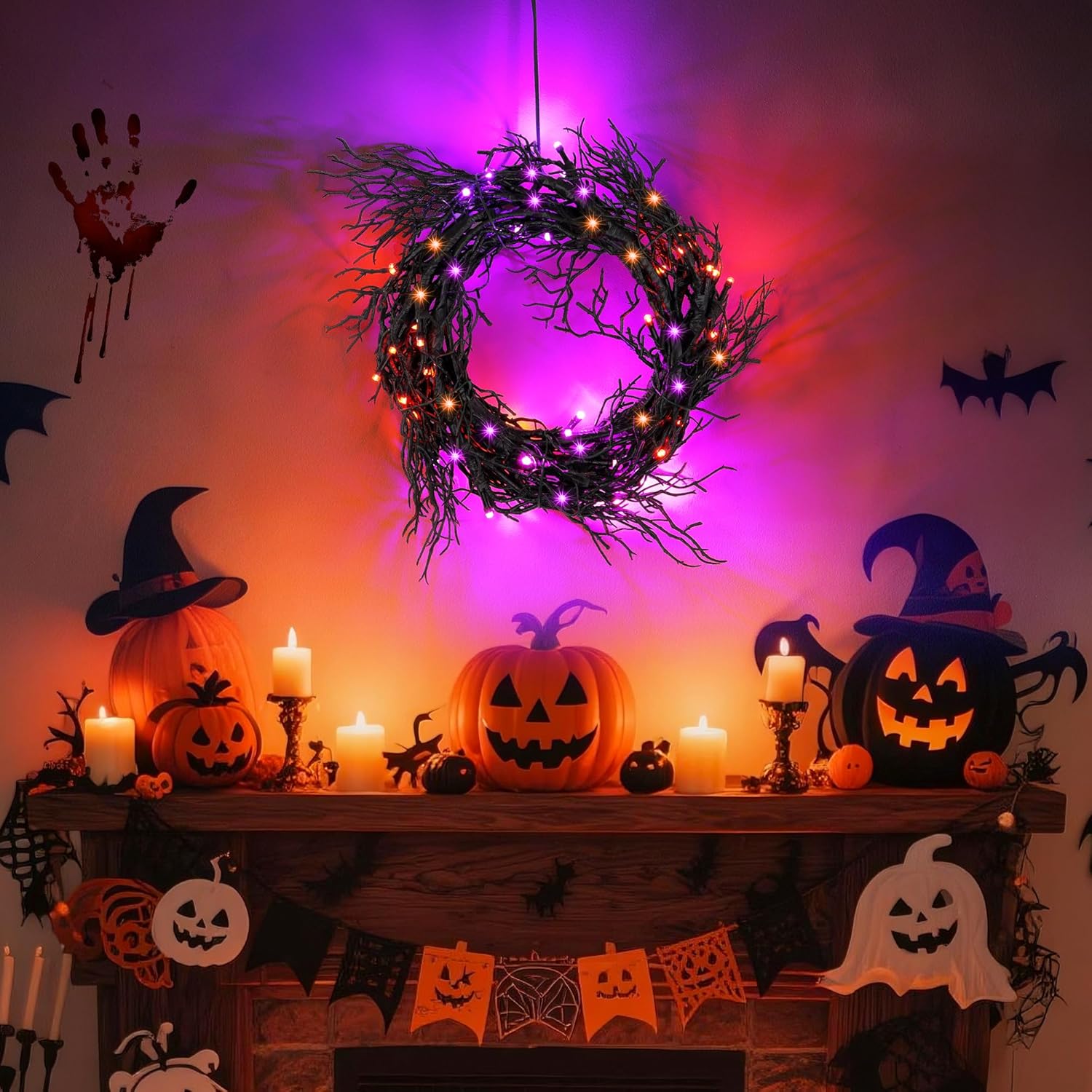 9 FT 66 LED Halloween Black Garland Willow Vine Twig Decor with Orange & Purple Light, 8 Modes & Timer Battery Operated Waterproof Halloween Decorations Indoor for Mantle Fireplace Home Party Decor