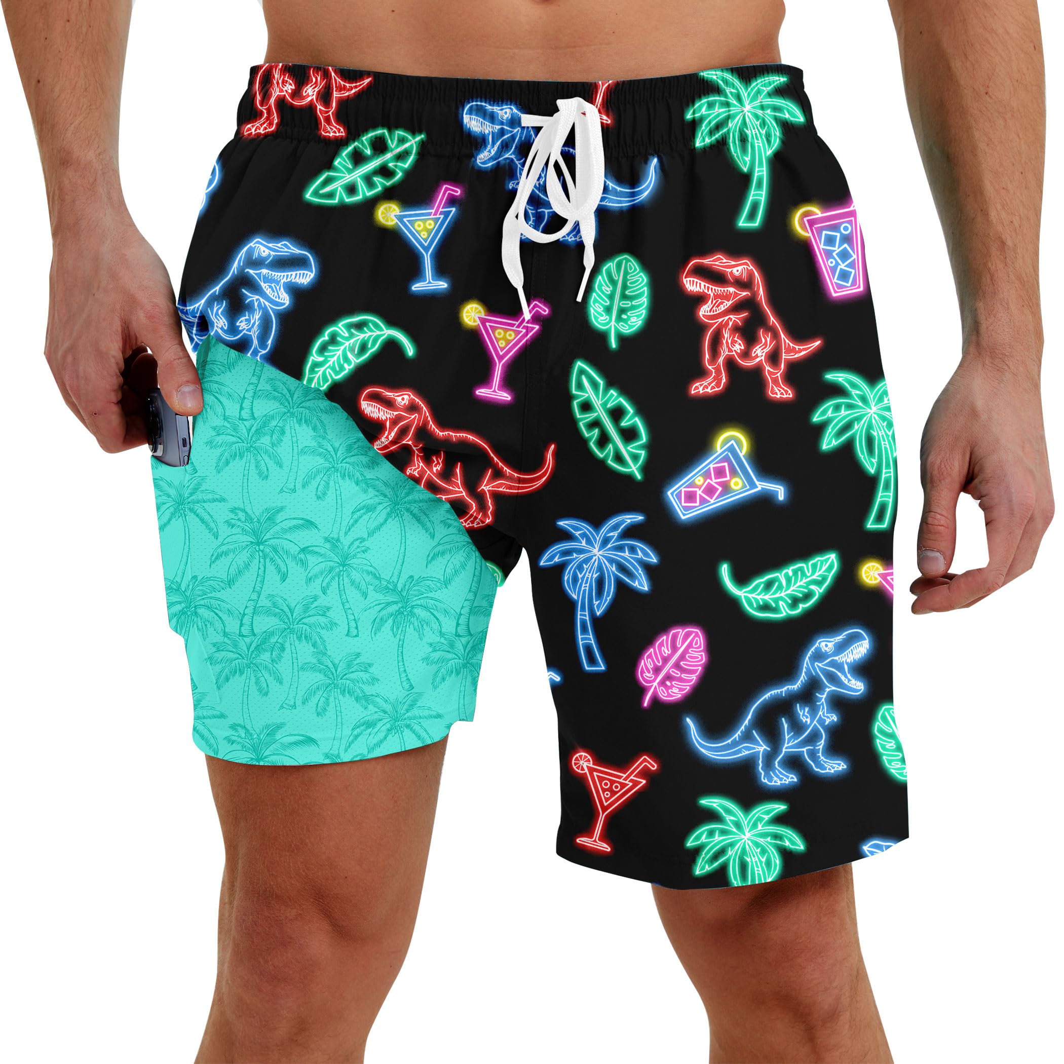 Men Swim Trunks with Compression Liner Men's 2 in 1 Bathing Suits 7 Inch Hawaiian Board Shorts