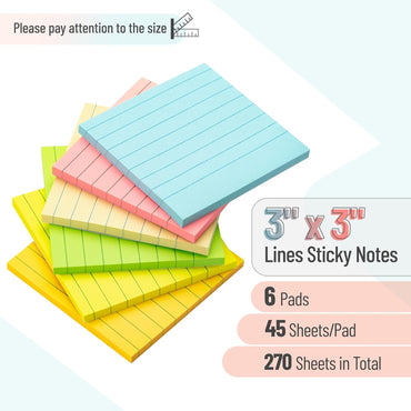 Mr. Pen- Lined Sticky Notes 3x3, 6 Pads, 45 Sheet/Pads, Pastel Colors, Sticky Notes with Lines