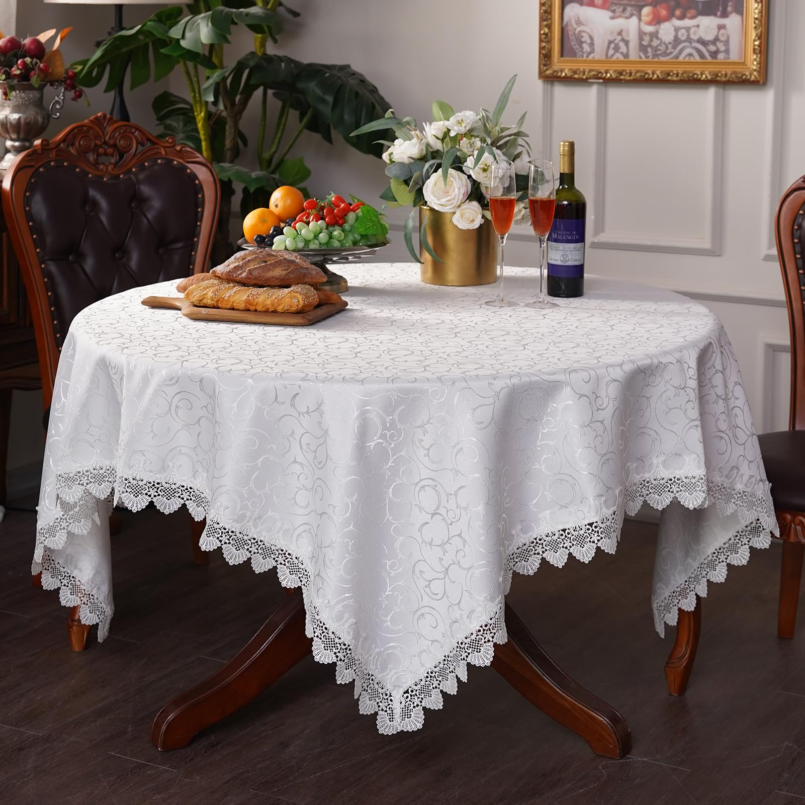 White Round Tablecloth Jacquard Table Cloth with Exquisite Lace Border Farmhouse Tablecloths Fall for Dining Wedding Coffee Outdoor Indoor Party Holiday Tabletop Use (White, 70 Inches Round)