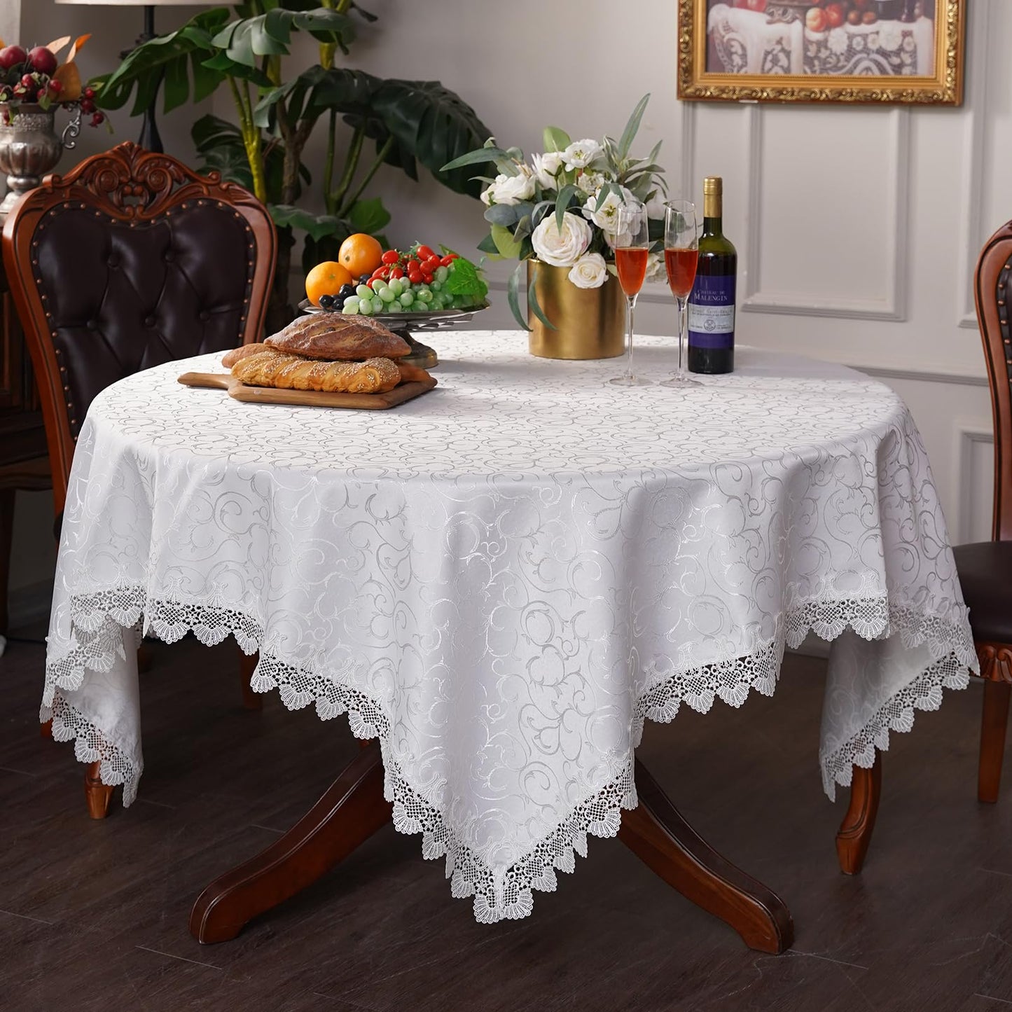 White Round Tablecloth Jacquard Table Cloth with Exquisite Lace Border Farmhouse Tablecloths Fall for Dining Wedding Coffee Outdoor Indoor Party Holiday Tabletop Use (White, 70 Inches Round)