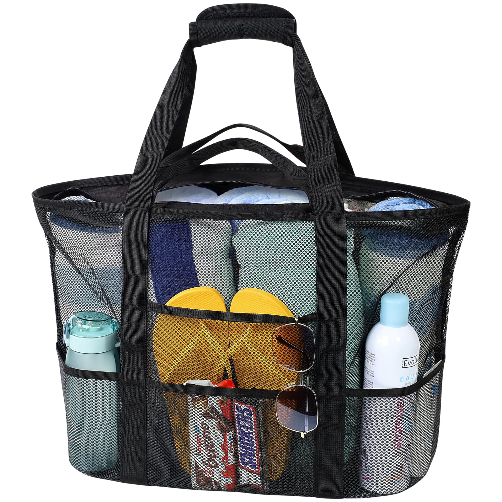 F-color Mesh Beach Bag Family - 9 Pockets Large Beach Tote for Cruise Vacation Essentials