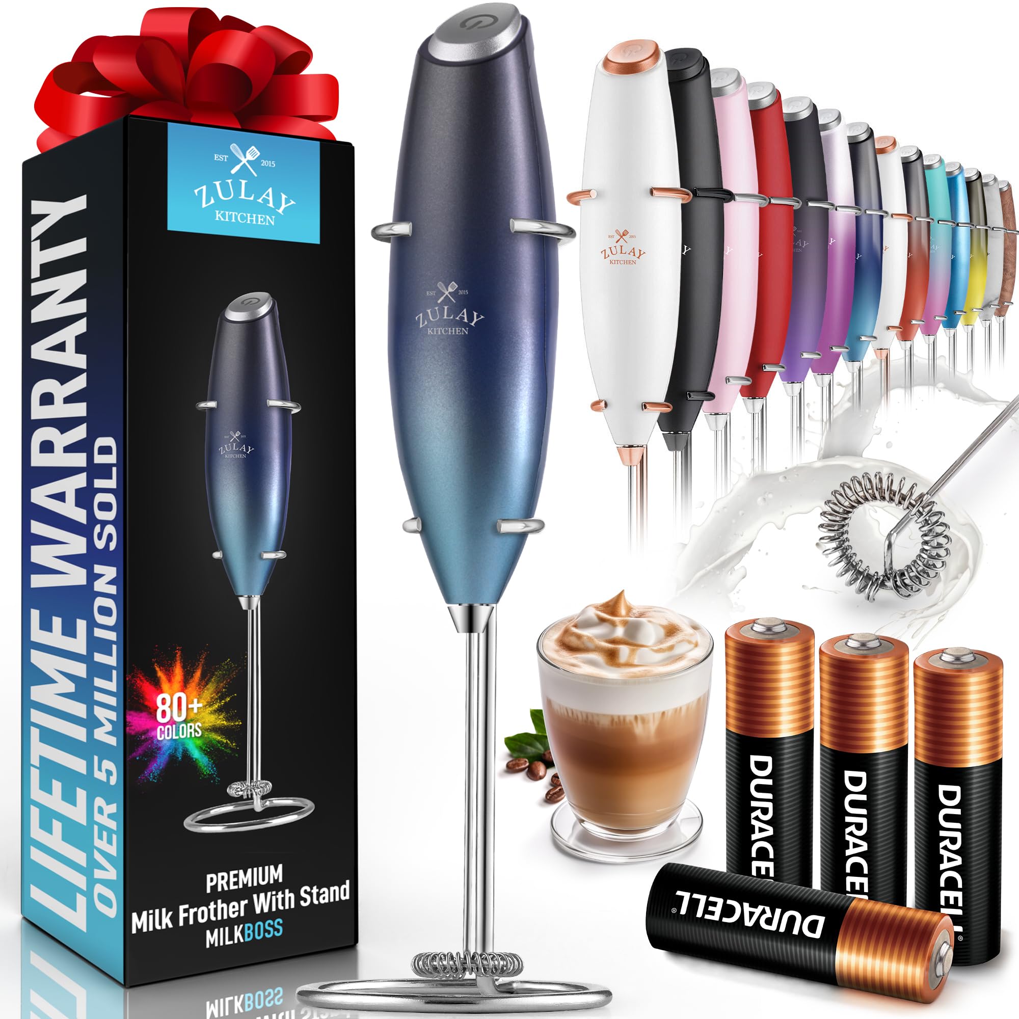 Zulay Kitchen Powerful Milk Frother Wand With 2 Duracell Batteries - Ultra Fast Handheld Drink Mixer - Electric Whisk Foam Maker for Coffee, Lattes, Cappuccino, Matcha, Hot Chocolate & Creamer - Black