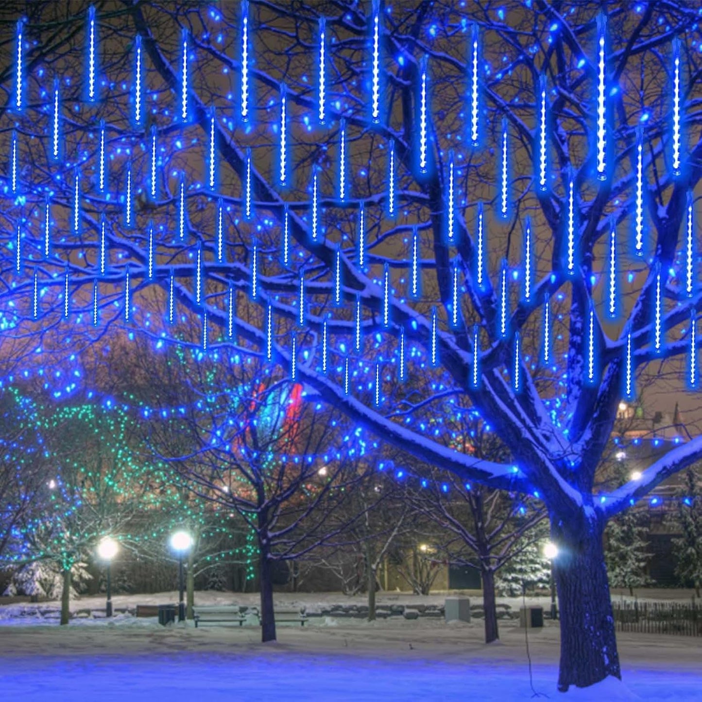 2 Pack Extendable Christmas Lights Decorations Outdoor, 16 Tubes 384 LEDs Meteor Shower Lights with Timer Cascading Falling Raindrop String Light Plug in for Holiday Graden Yard Tree Xmas Decor (Blue)