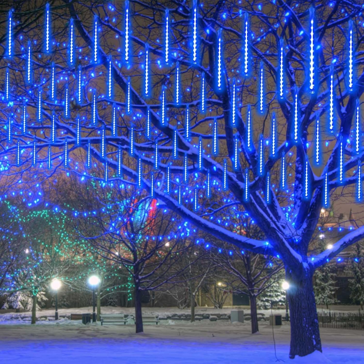 2 Pack Extendable Christmas Lights Decorations Outdoor, 16 Tubes 384 LEDs Meteor Shower Lights with Timer Cascading Falling Raindrop String Light Plug in for Holiday Graden Yard Tree Xmas Decor (Blue)
