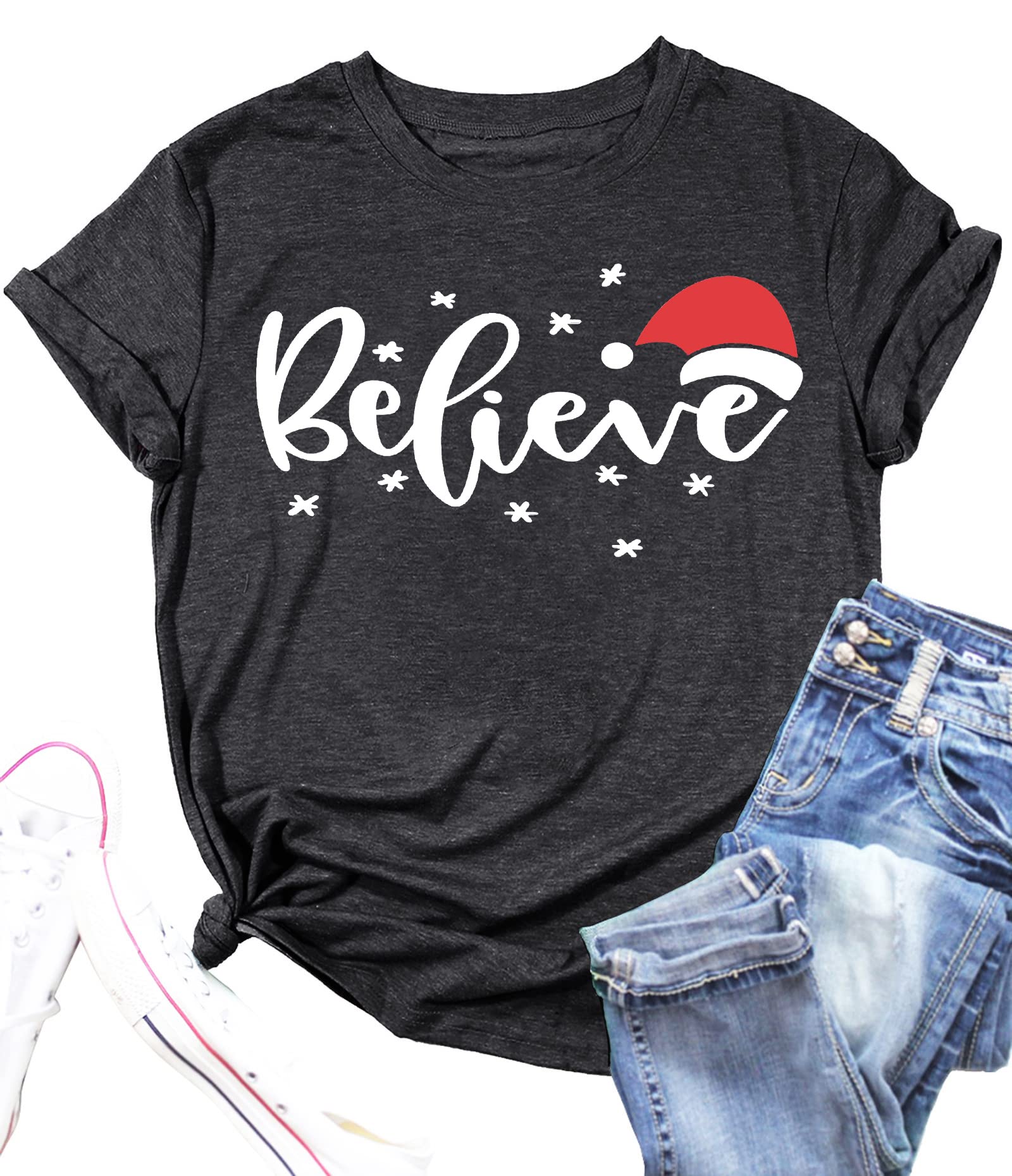 Believe Christmas Shirt for Women Christmas Tree Graphic T-Shirts Believe Letter Print Tees Holiday Tops
