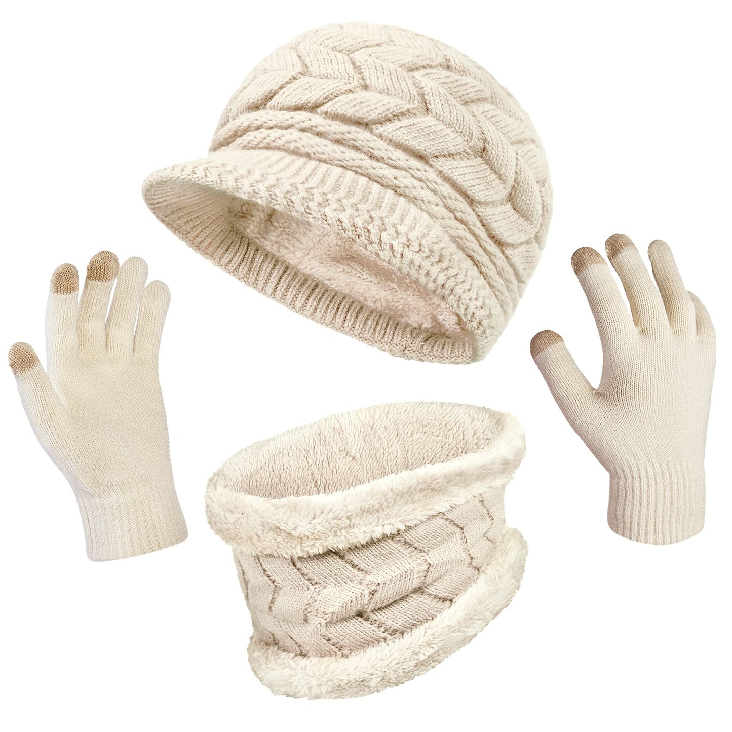3-Pieces Winter Hat Gloves Scarf Set, Knit Warm Beanie Hat Neck Warmer Touch Screen Mittens for Women