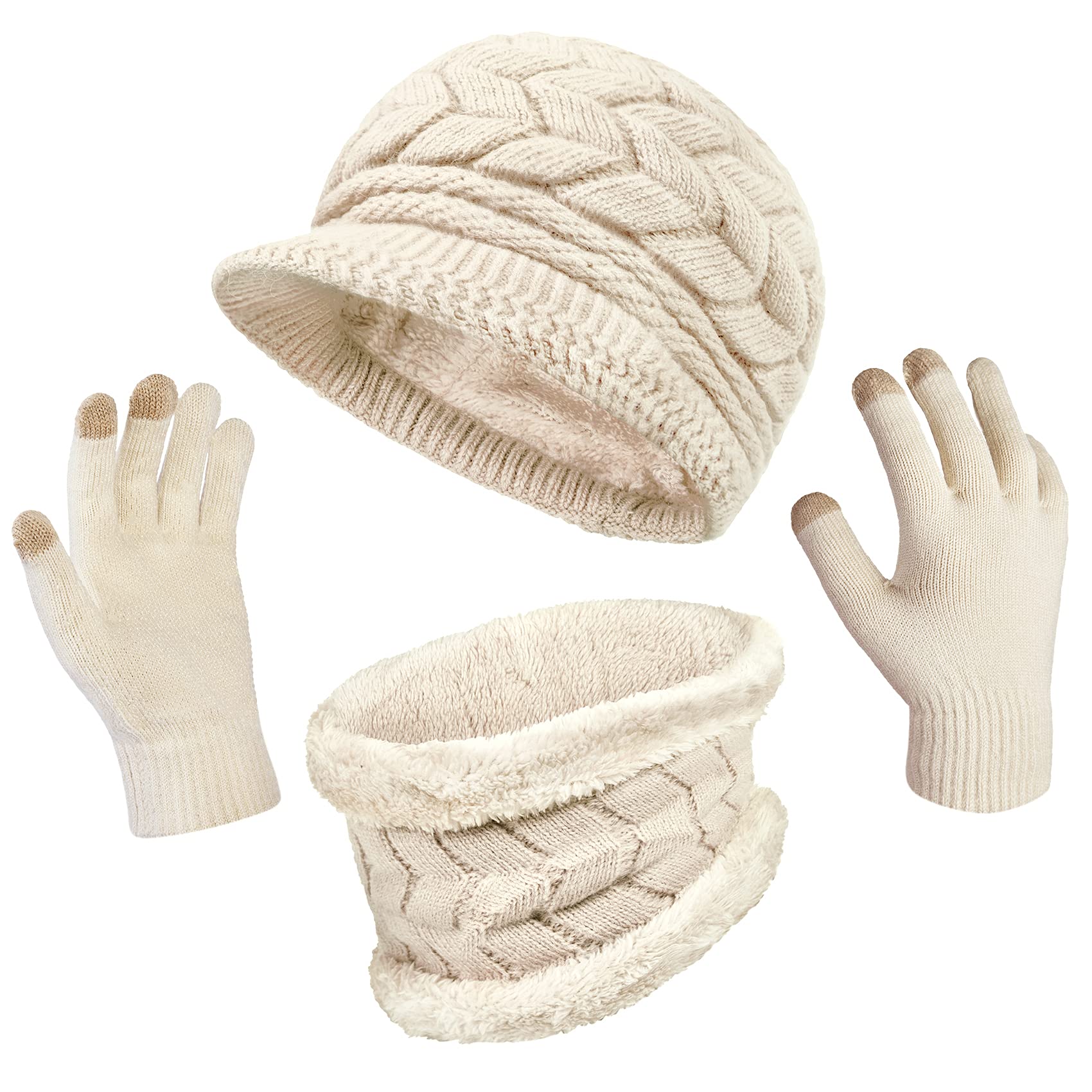 3-Pieces Winter Hat Gloves Scarf Set, Knit Warm Beanie Hat Neck Warmer Touch Screen Mittens for Women