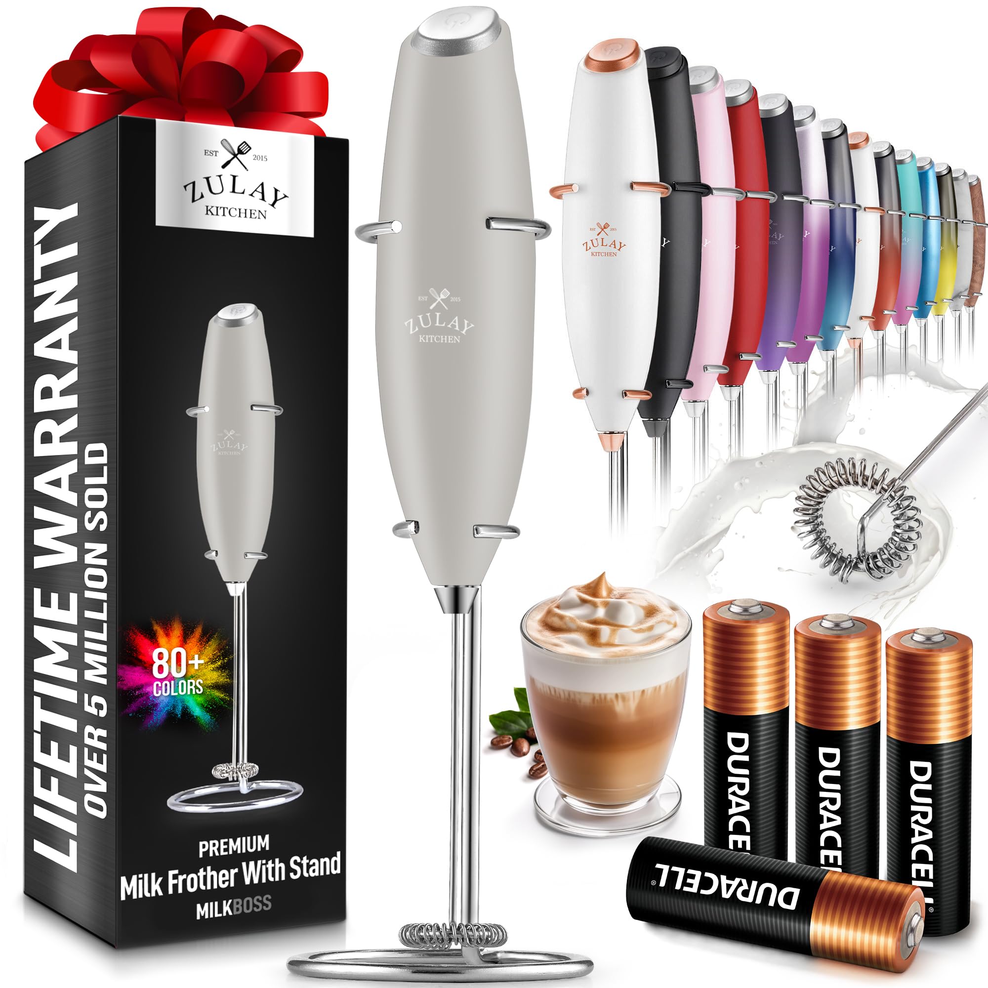 Zulay Kitchen Powerful Milk Frother Wand With 2 Duracell Batteries - Ultra Fast Handheld Drink Mixer - Electric Whisk Foam Maker for Coffee, Lattes, Cappuccino, Matcha, Hot Chocolate & Creamer - Black