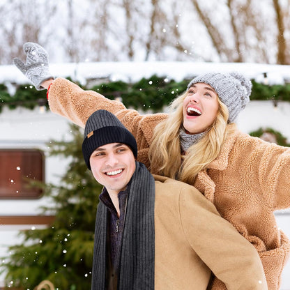 Men Women Winter Beanie Hats Scarf with Touchscreen Gloves Warm Knit Themal Gloves Long Scarf Set with Fleece Lined