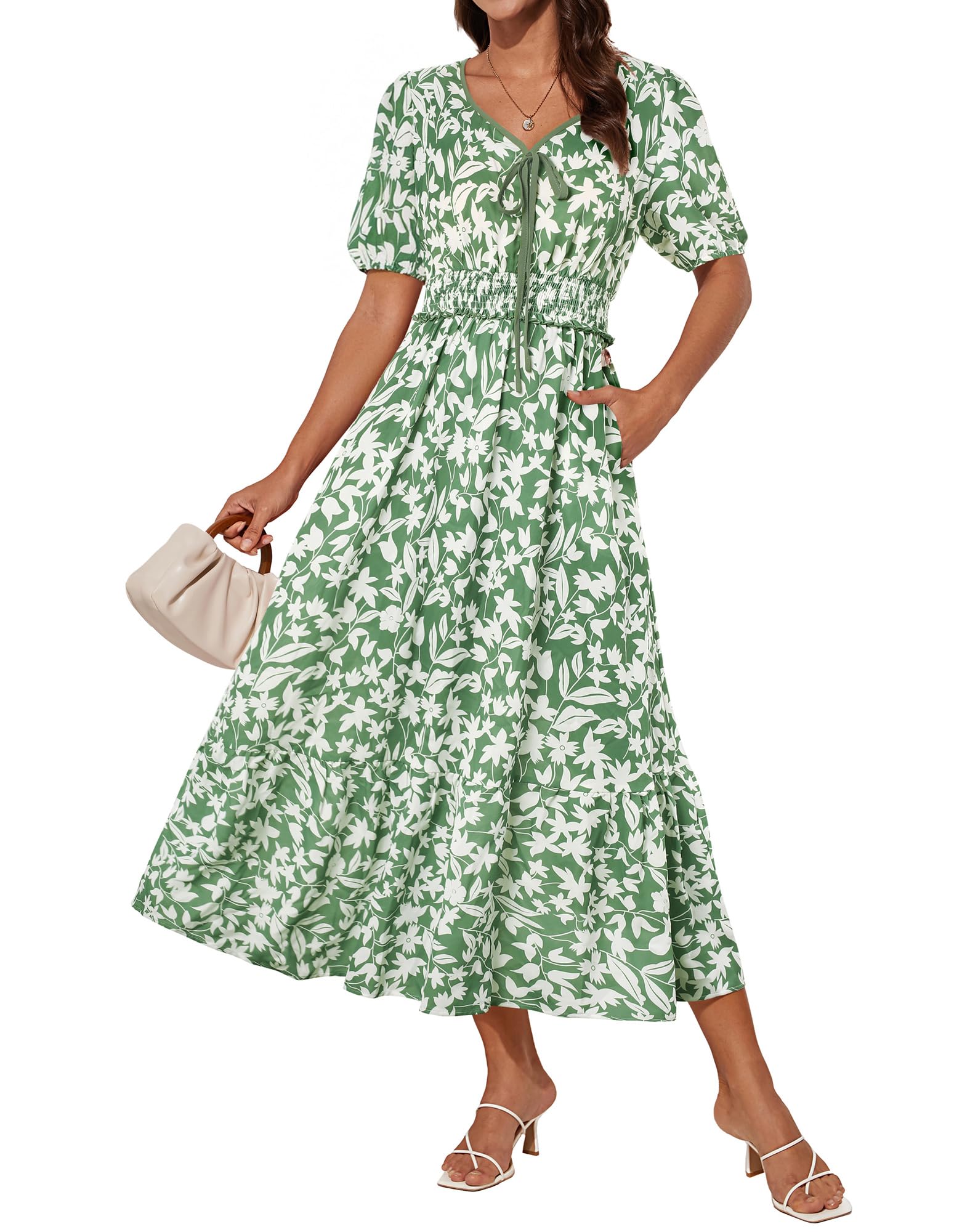 GRACE KARIN 2025 Women's Summer Floral Flowy A Line Midi Dresses Elegant Short Sleeve Smocked V-Neck Tiered Dresses