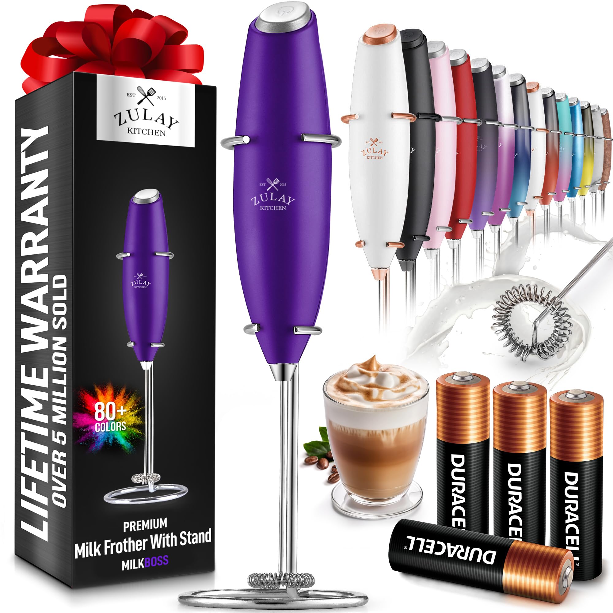 Zulay Kitchen Powerful Milk Frother Wand With 2 Duracell Batteries - Ultra Fast Handheld Drink Mixer - Electric Whisk Foam Maker for Coffee, Lattes, Cappuccino, Matcha, Hot Chocolate & Creamer - Black