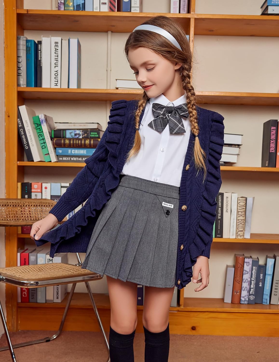 Arshiner Girls Cardigan Sweaters Ruffle School Uniform Sweater V Neck Button Front Outerwear 4-13 Years