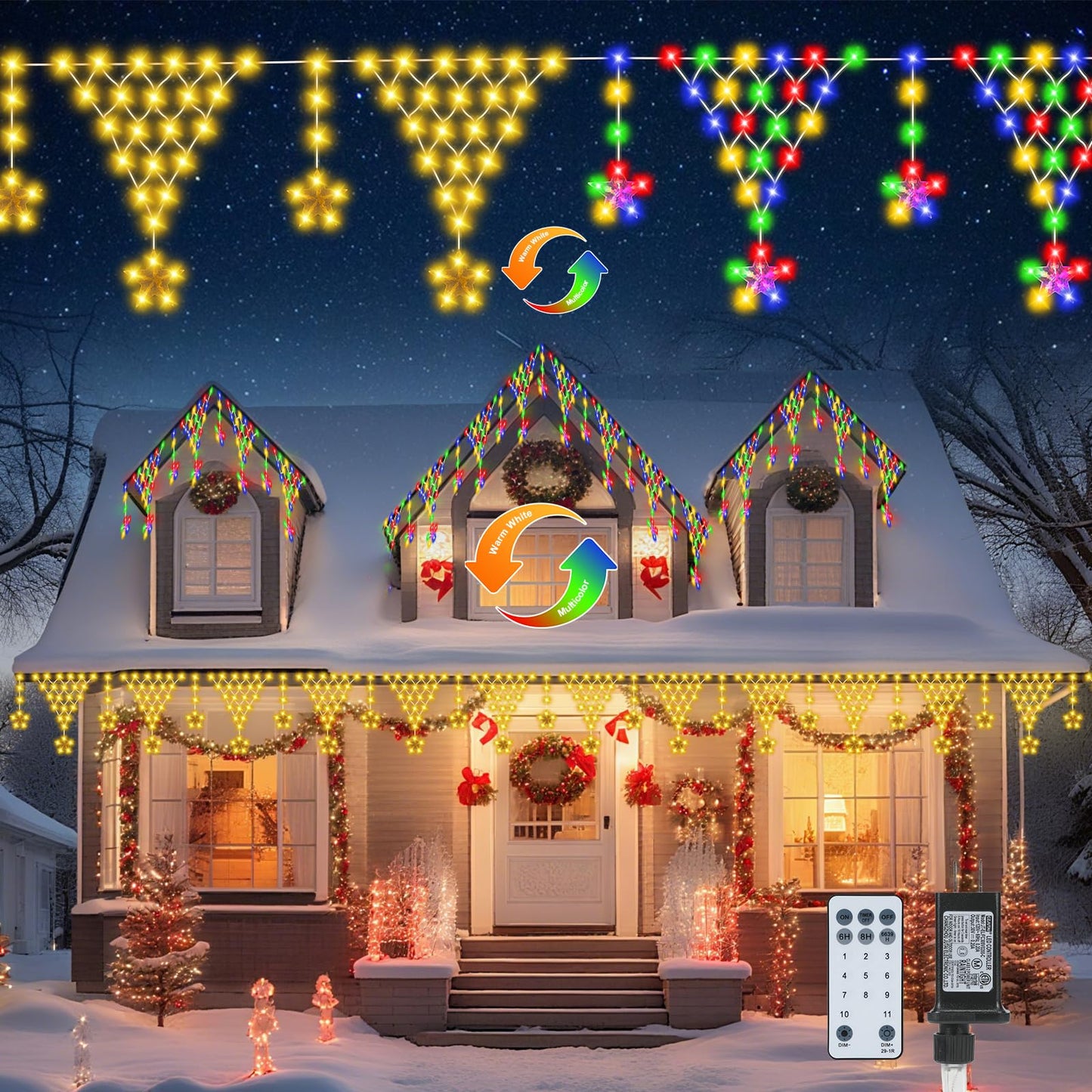 Outdoor Christmas Decorations Lights 13.8ft 200 LED Christmas Lights with 12 Stars,Dimmable Curtain Fairy Light with 8 Modes for Wedding Party Holiday Christmas Decor(White)