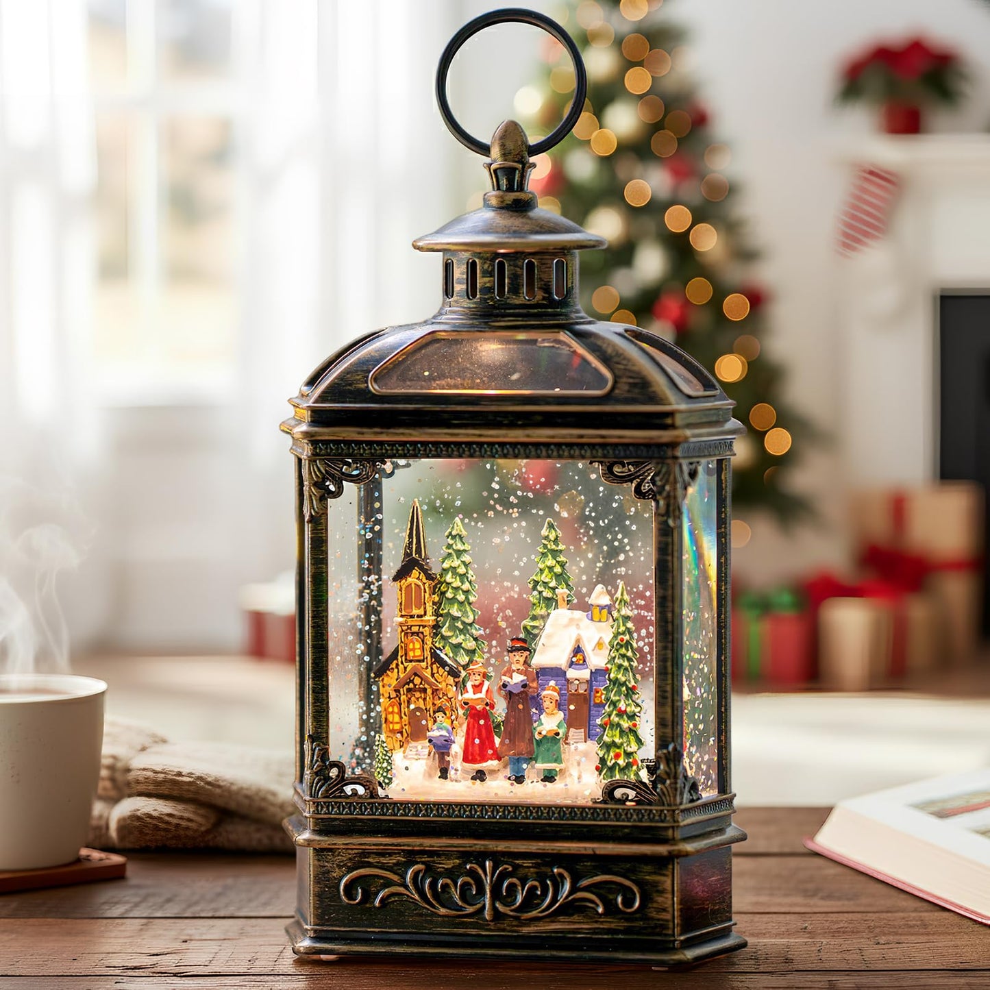 Christmas Snow Globe Swirling Glittering Nativity Scene with Music, USB Lined/Battery Operated Lighted Water Lantern for Christmas Festival Decoration Gifts