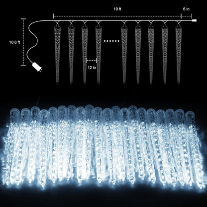 Brightown Christmas Icicle Lights Outdoor, 20ft Meteor Shower Lights with 20 Large Tube 480 LED Dropping Effect, Waterproof Icicle Indoor for Tree Patio Roof Holiday Decor, Cool White