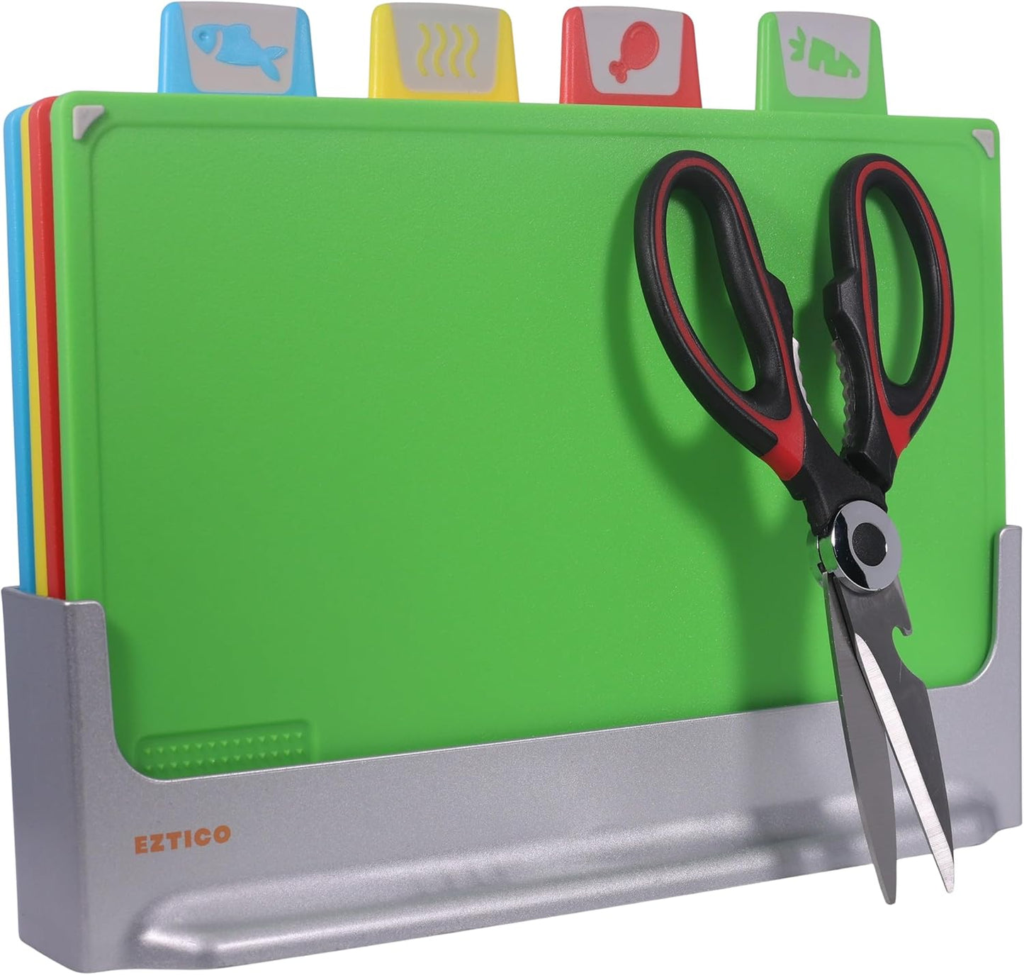 Cutting Board Set: 4-Piece Color-Coded, Non-Slip, BPA-Free, Perfect kitchen essentials for new home, Dishwasher Safe with Premium Scissors and Chopping Board Organizer, Quality kitchen stuff.