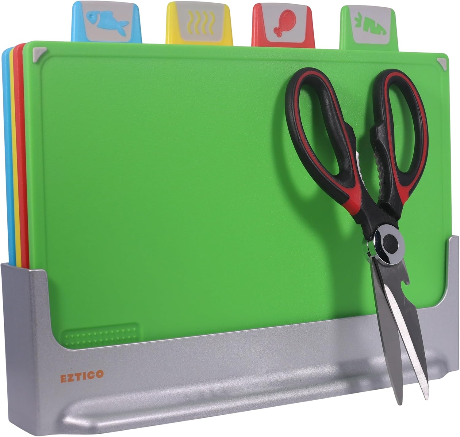 Cutting Board Set: 4-Piece Color-Coded, Non-Slip, BPA-Free, Perfect kitchen essentials for new home, Dishwasher Safe with Premium Scissors and Chopping Board Organizer, Quality kitchen stuff.