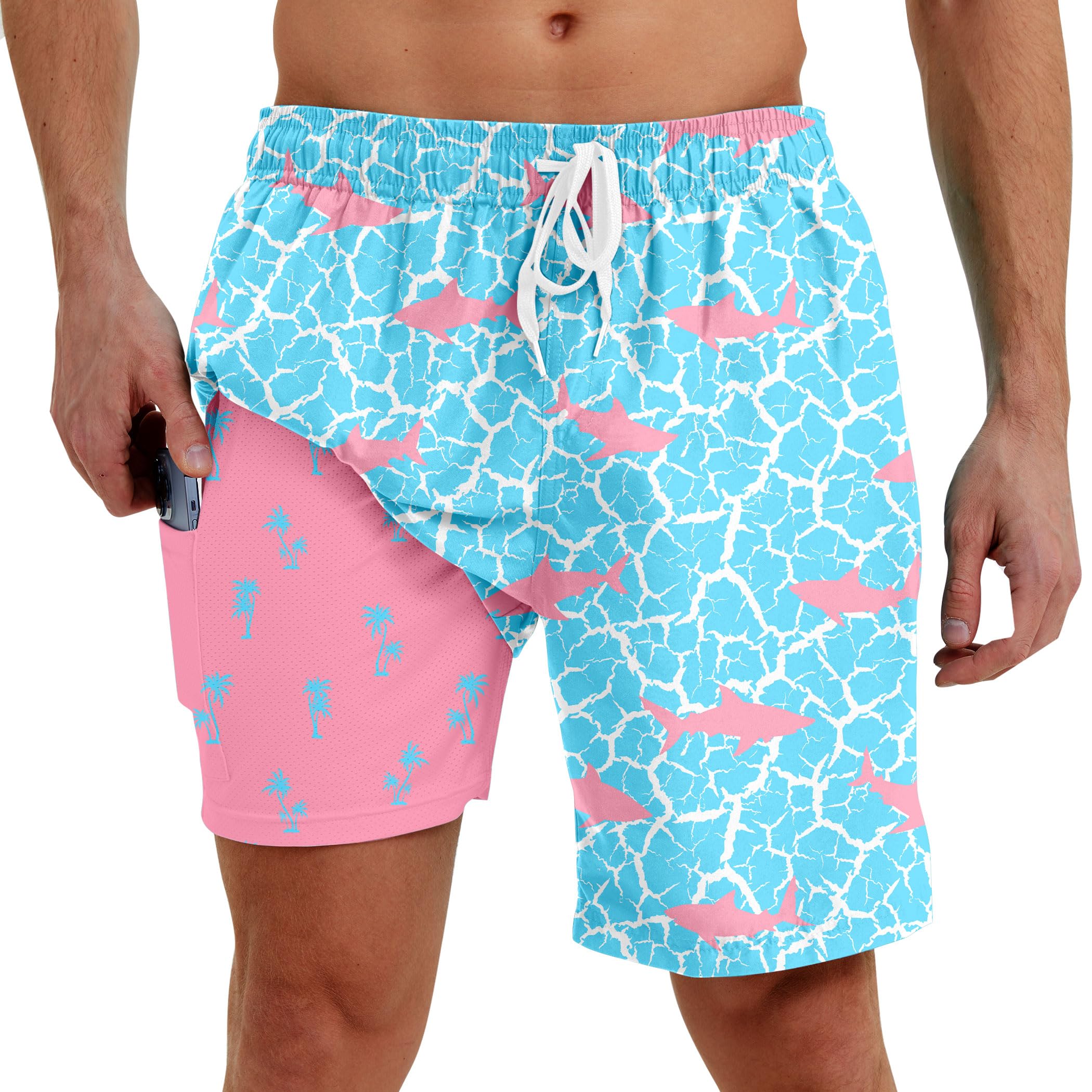 Men Swim Trunks with Compression Liner Men's 2 in 1 Bathing Suits 7 Inch Hawaiian Board Shorts